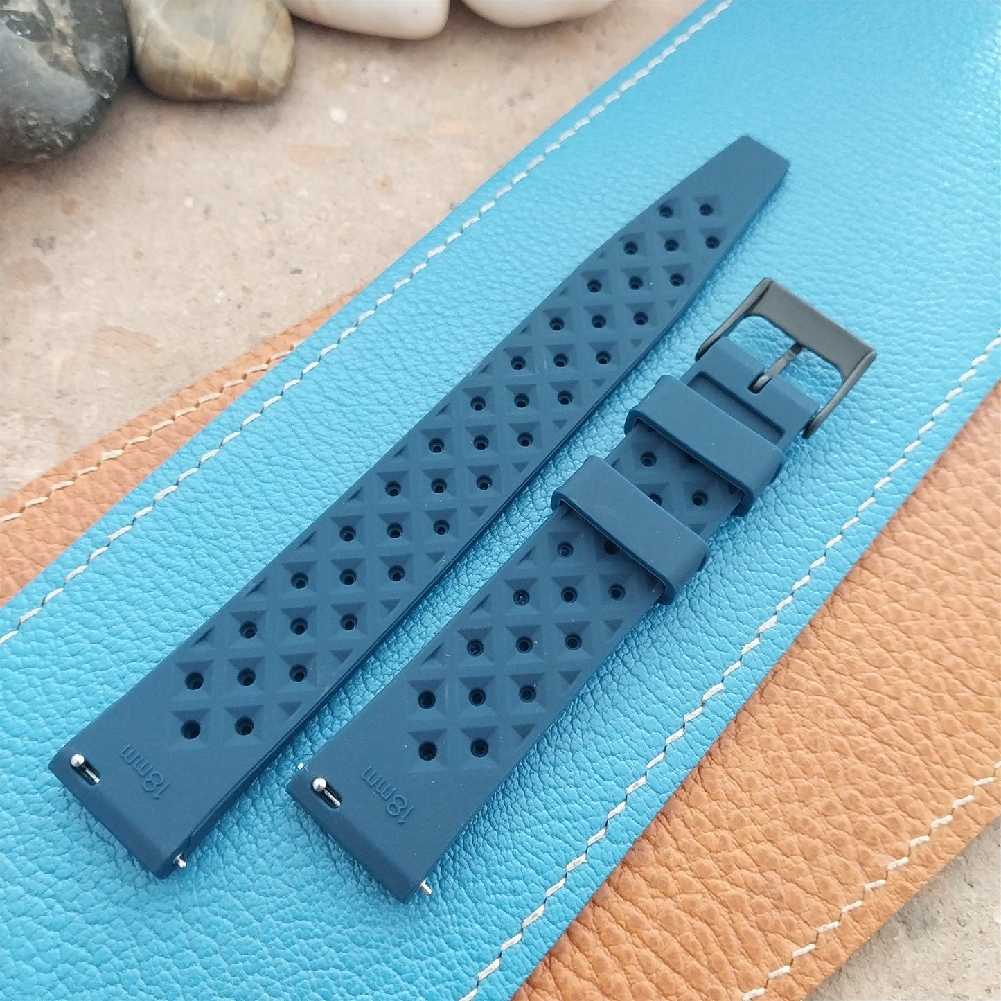 18mm FKM Blue Tropical Divers Watch Strap QR Spring Bars Black Stainless Buckle
