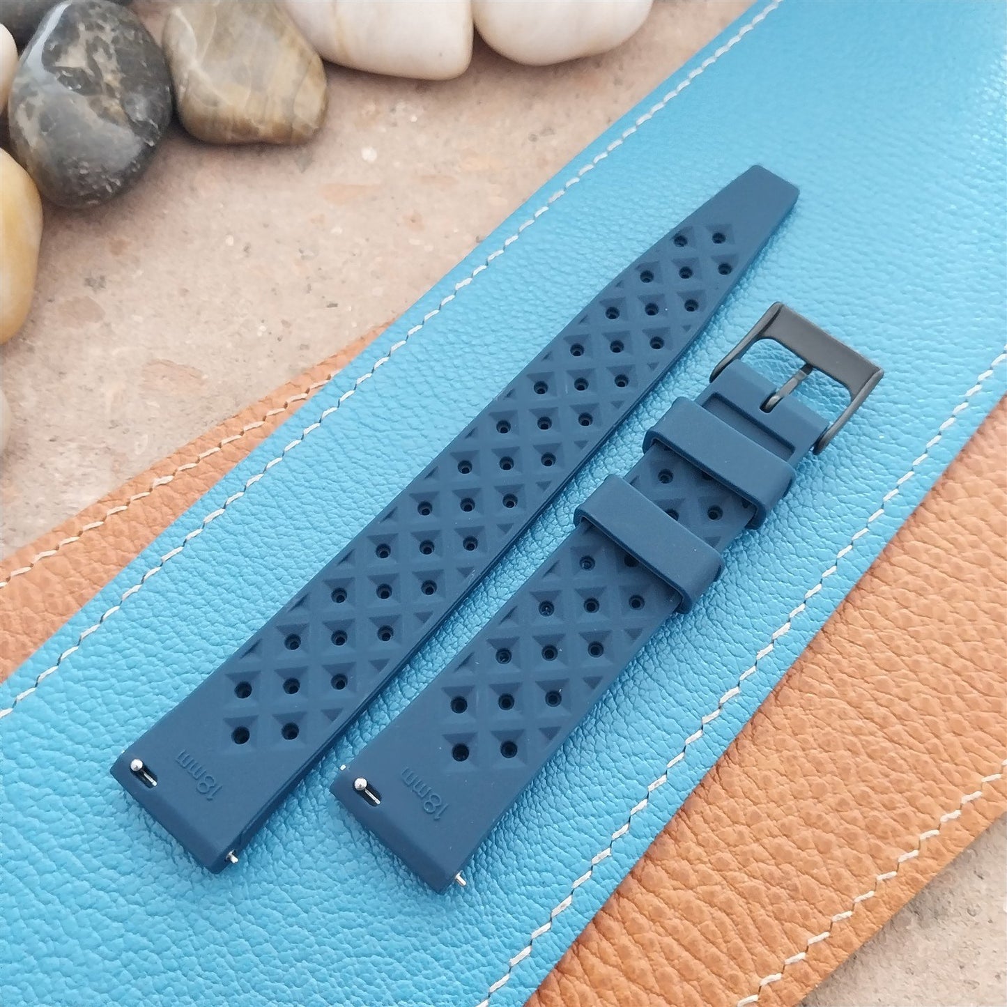 18mm FKM Blue Tropical Divers Watch Strap QR Spring Bars Black Stainless Buckle