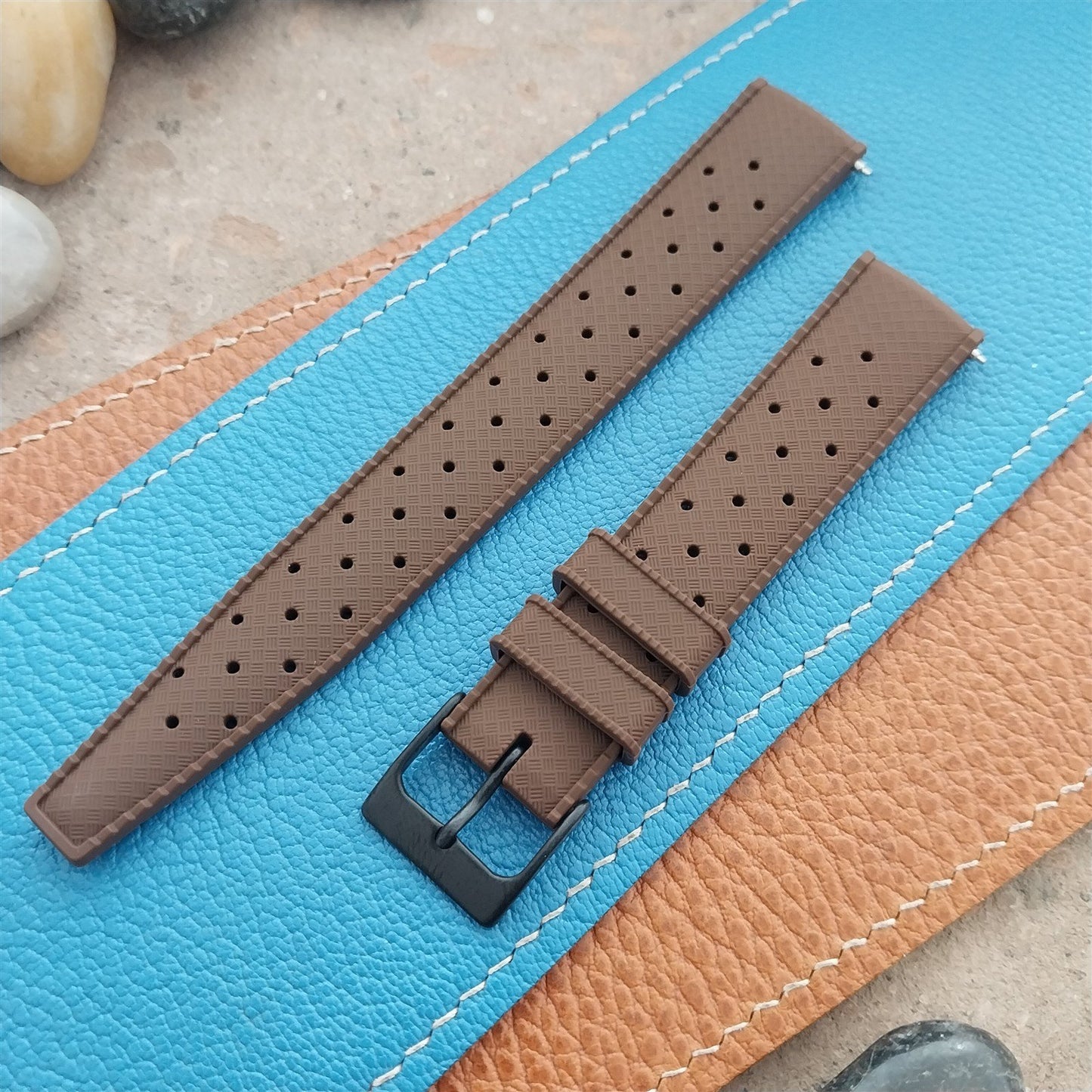 18mm FKM Brown Tropical Divers Watch Strap QR Spring Bars Black Stainless Buckle