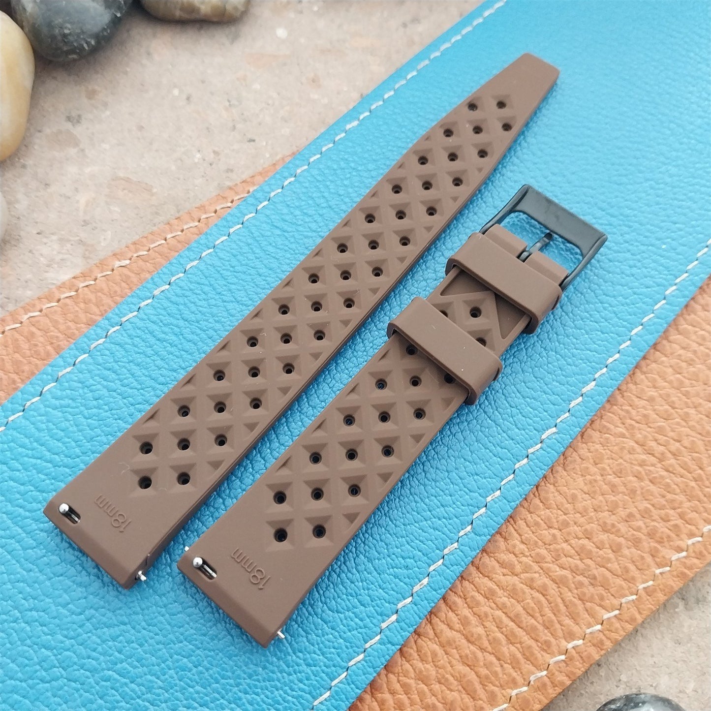 18mm FKM Brown Tropical Divers Watch Strap QR Spring Bars Black Stainless Buckle