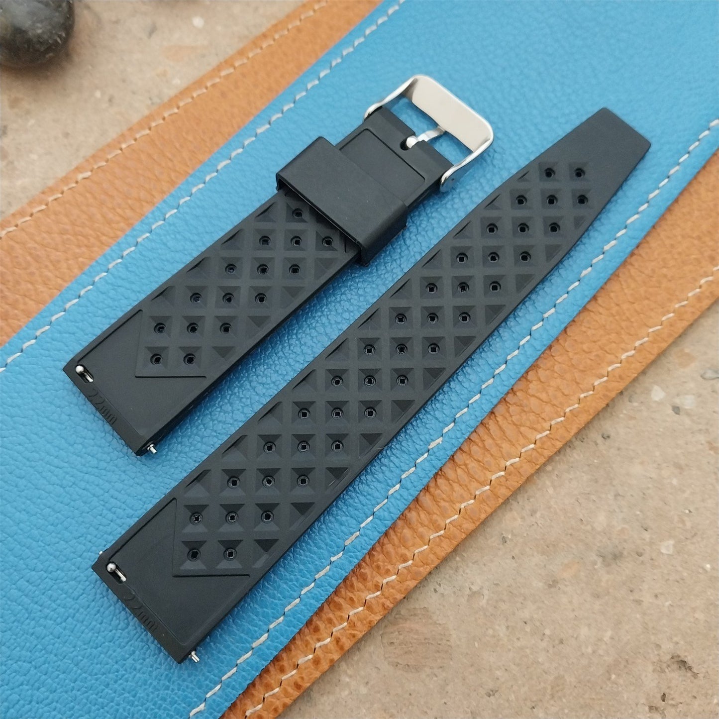 22mm FKM Black Tropical Divers Watch Strap QR Spring Bars Polished Buckle