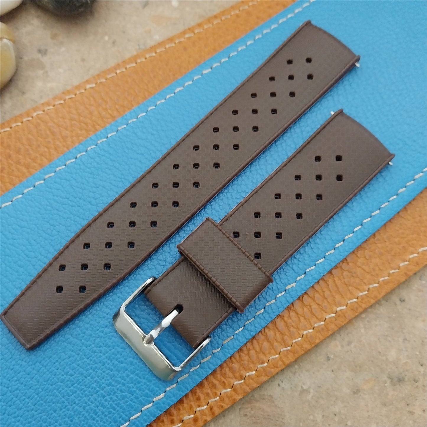 22mm FKM Brown Tropical Divers Watch Strap QR Spring Bars Polished Buckle