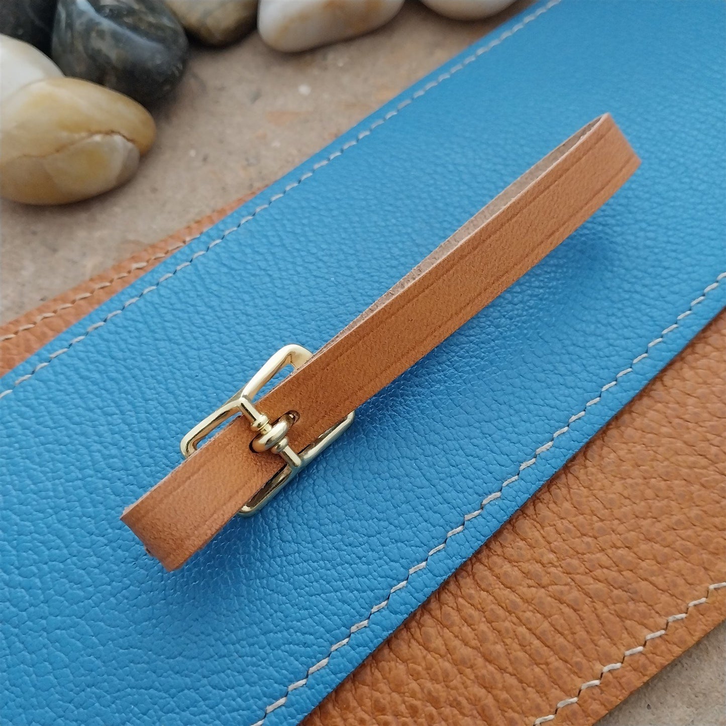 3/8" Tan English Bridle Leather Watch Fob Strap & Polished Brass Finish Buckle