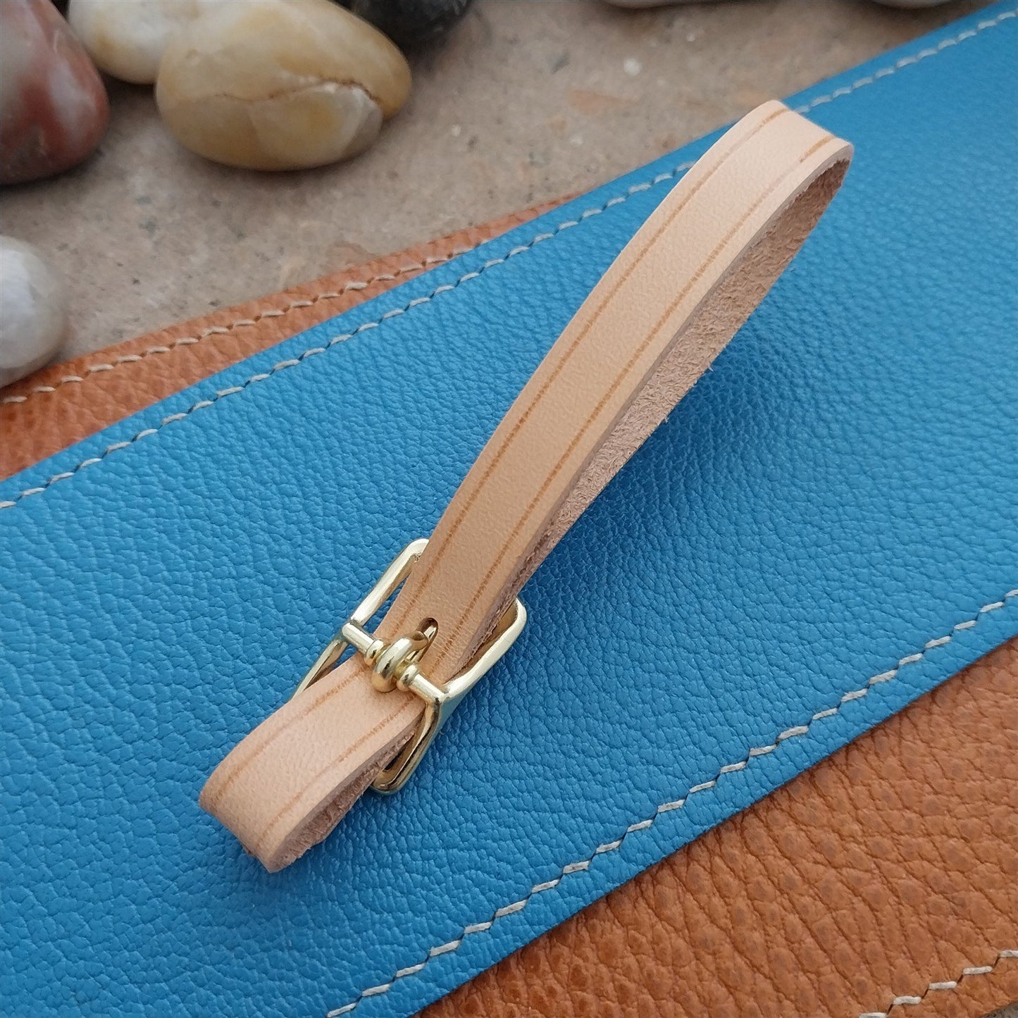 3/8" Natural Veg Tanned Leather Watch Fob Strap & Polished Brass Finish Buckle