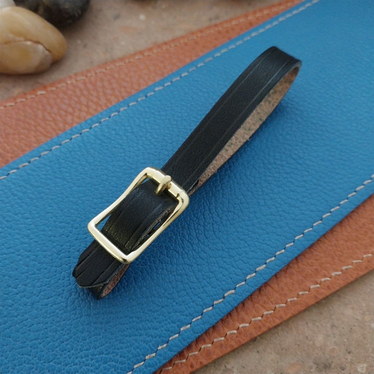 3/8" Black Saddle Leather Watch Fob Strap & Polished Brass Finish Buckle