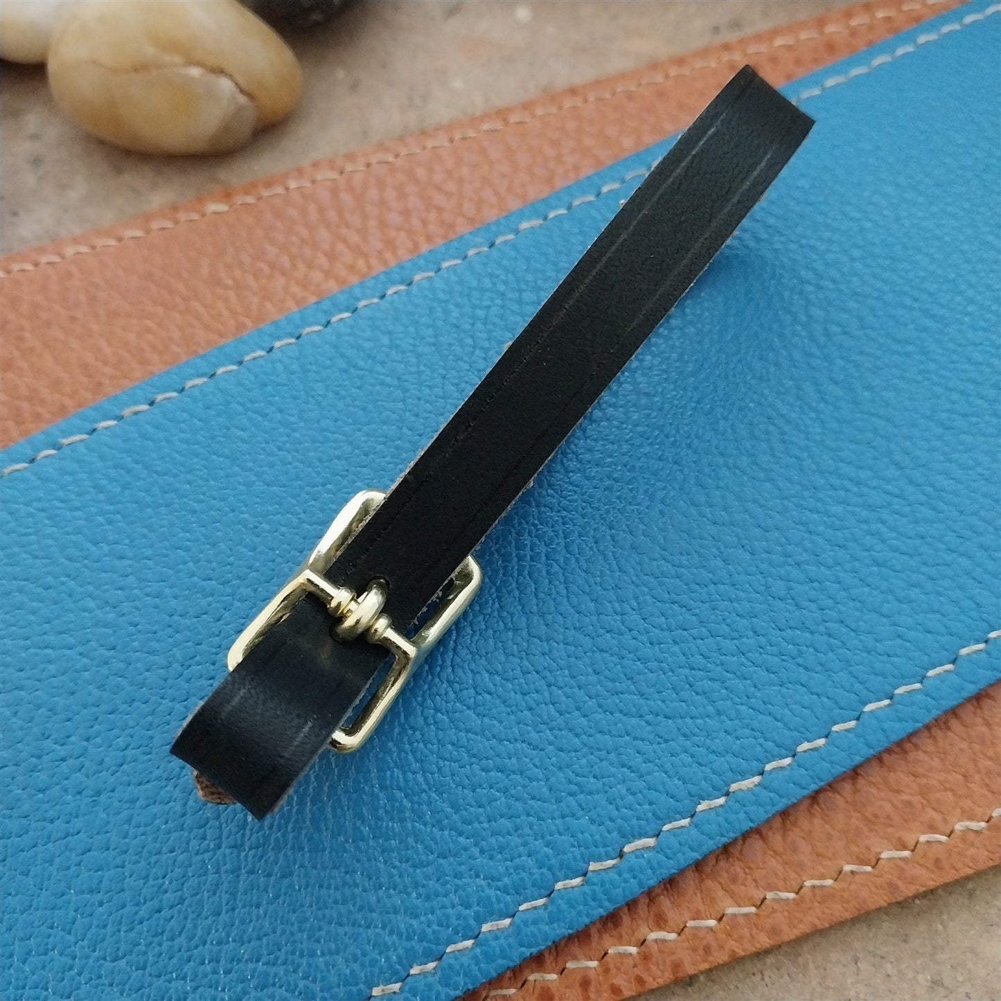 3/8" Black Saddle Leather Watch Fob Strap & Polished Brass Finish Buckle