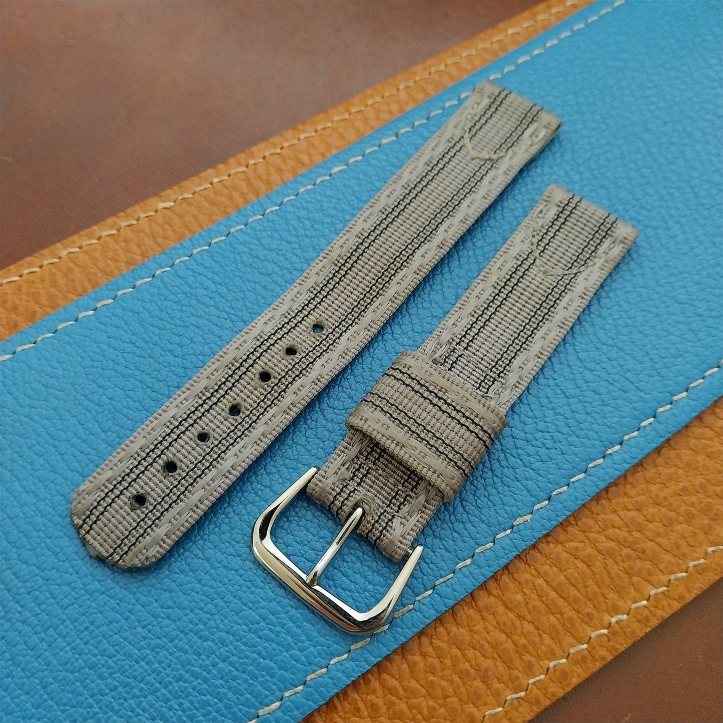 Vintage 1950s 17.2m Striped Gray Nylon Two Piece Unused Field Watch Strap