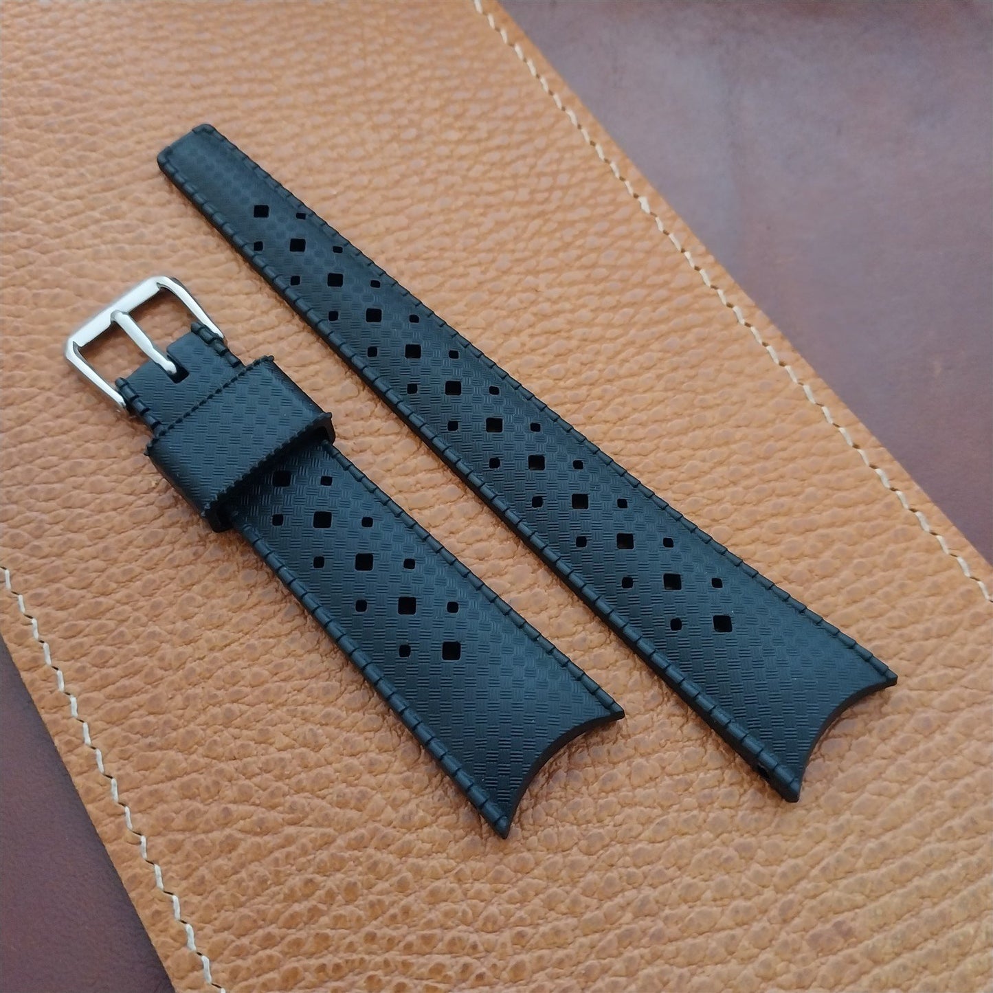 20mm Curved End FKM Rubber Black Tropical Vintage Style Diver Watch Strap