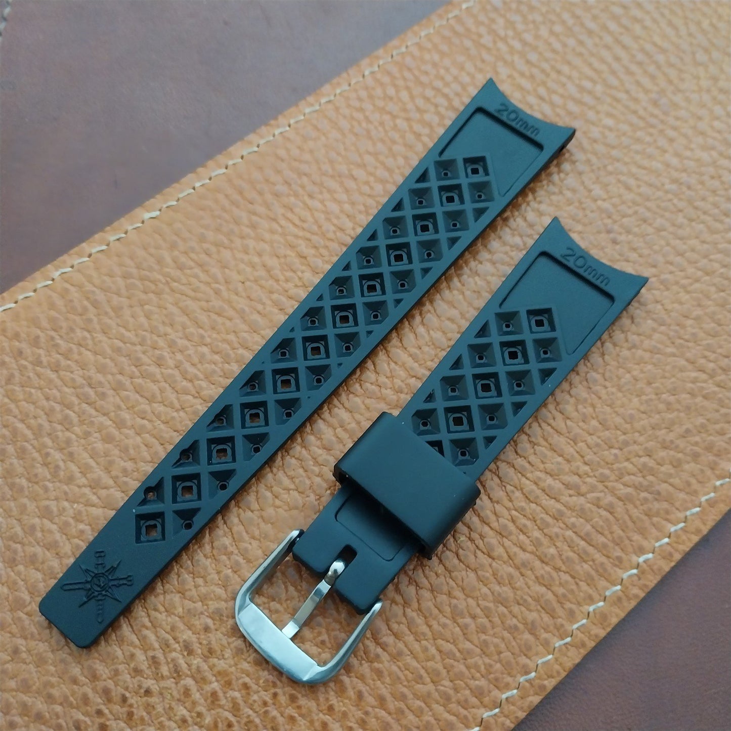 20mm Curved End FKM Rubber Black Tropical Vintage Style Diver Watch Strap
