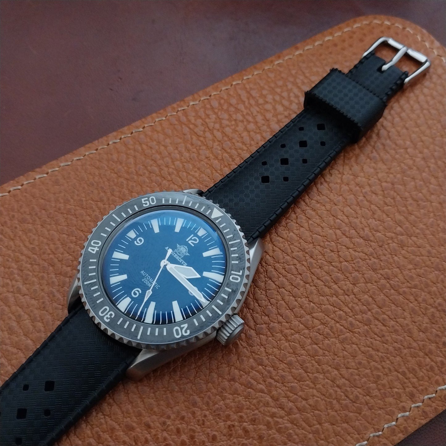 20mm Curved End FKM Rubber Black Tropical Vintage Style Diver Watch Strap