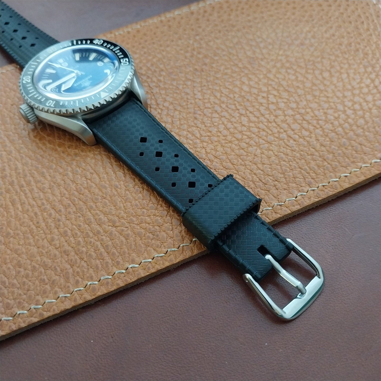 20mm Curved End FKM Rubber Black Tropical Vintage Style Diver Watch Strap