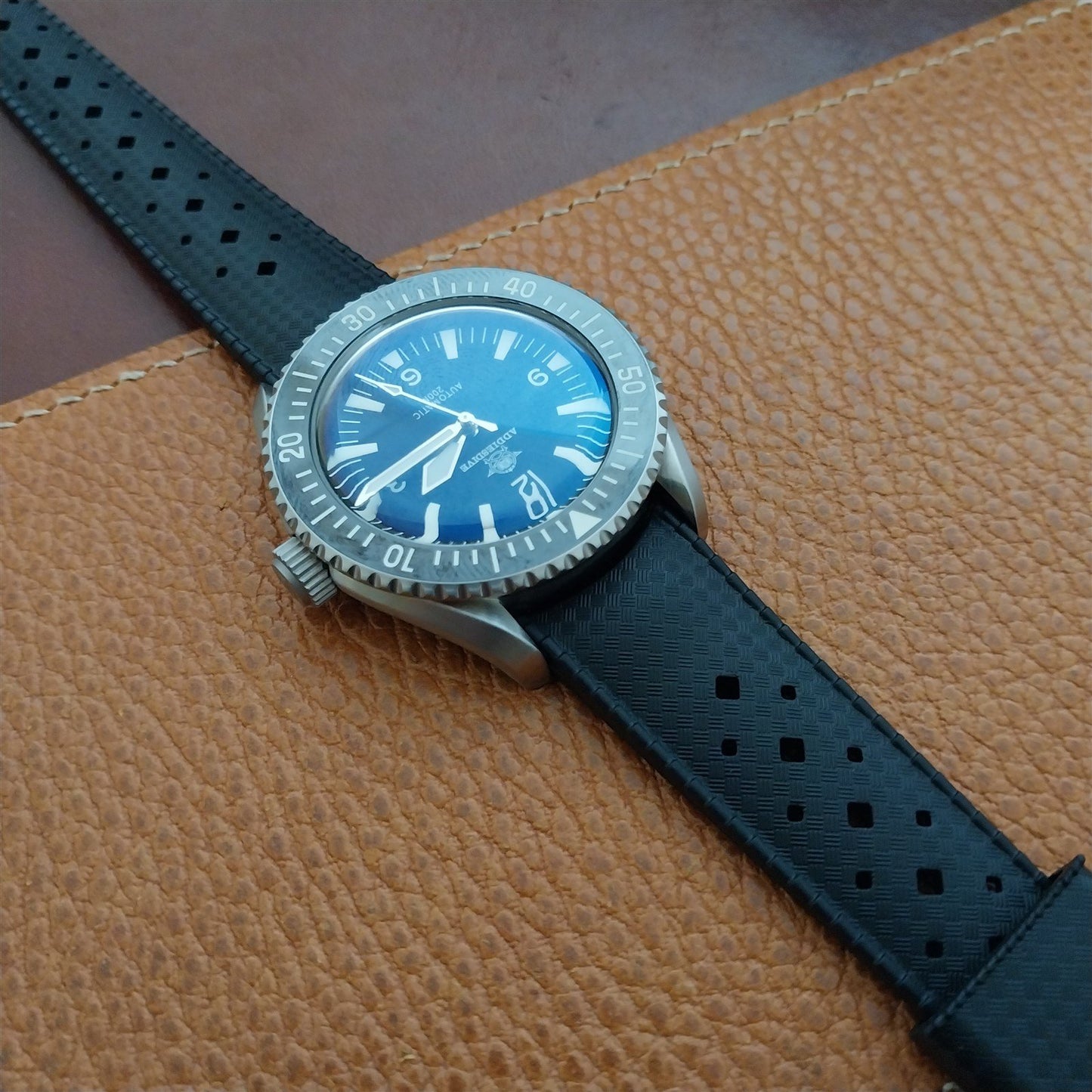 20mm Curved End FKM Rubber Black Tropical Vintage Style Diver Watch Strap