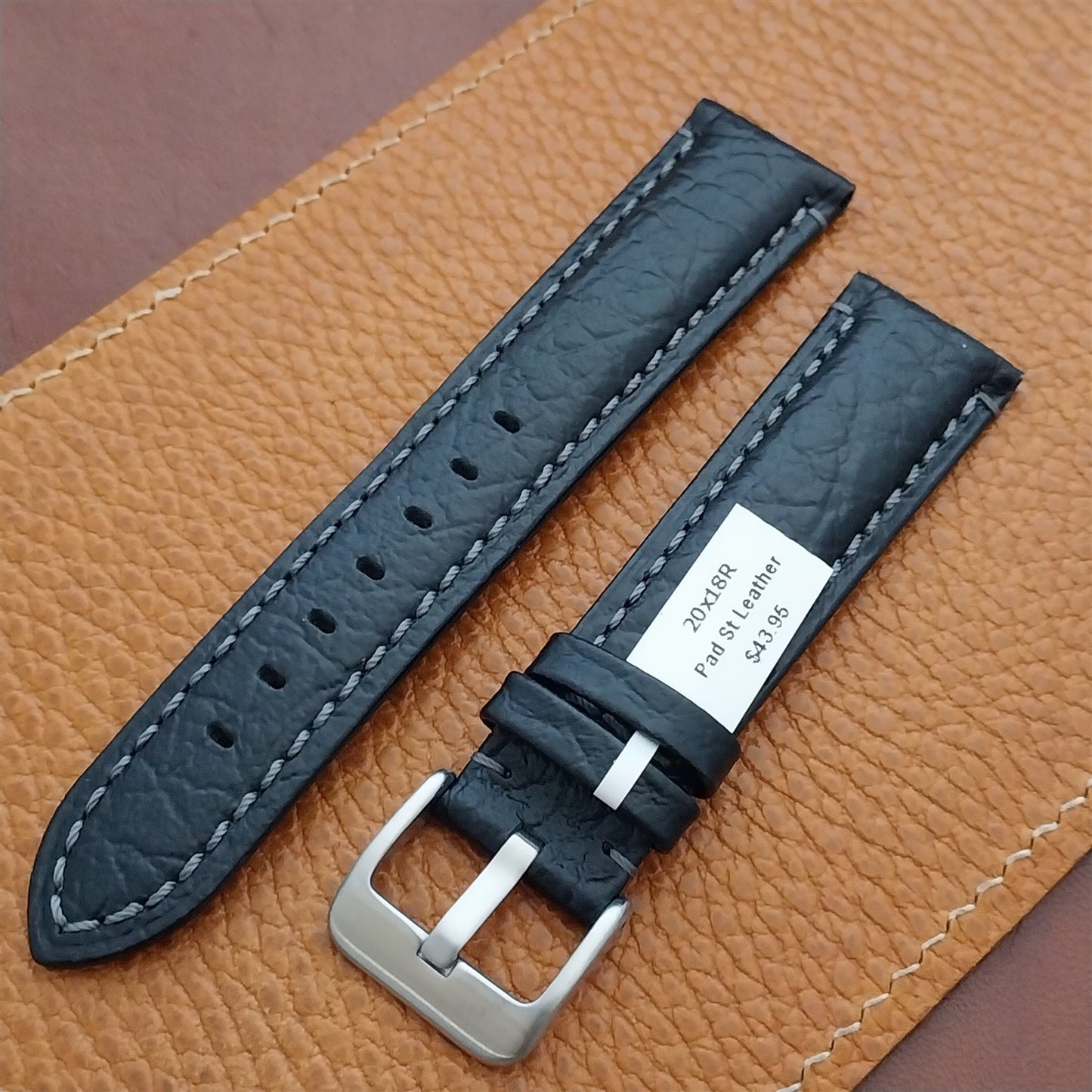 20mm Black Camel Leather Semi-Padded Tapered 20/18 Watch Strap