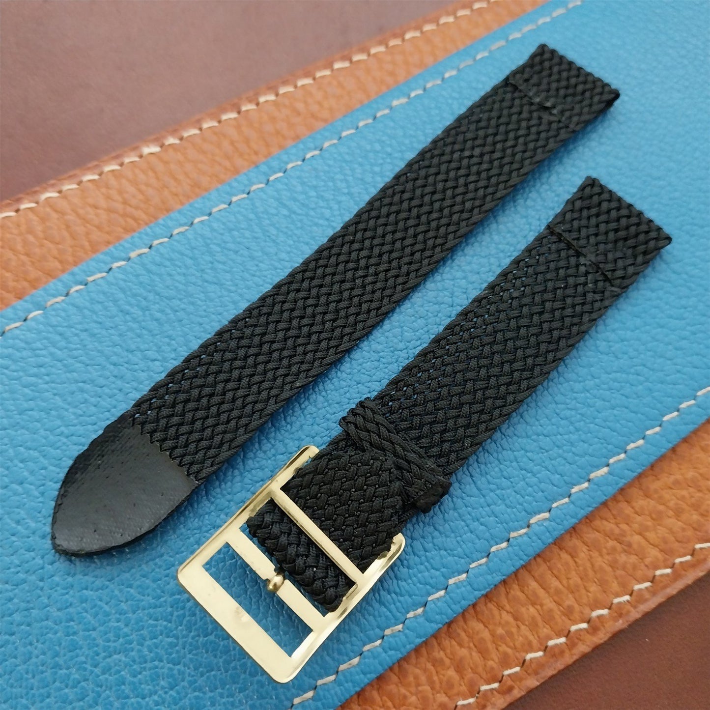 16mm Braided Black Perlon Swiss 2-Piece Unused 1960s Vintage Field Watch Strap