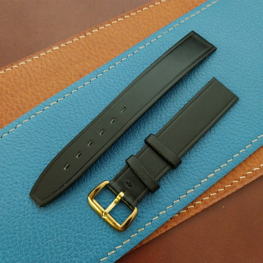1960s 16mm Black Leather Classic Tapered 2-Keeper Unused Vintage Watch Strap
