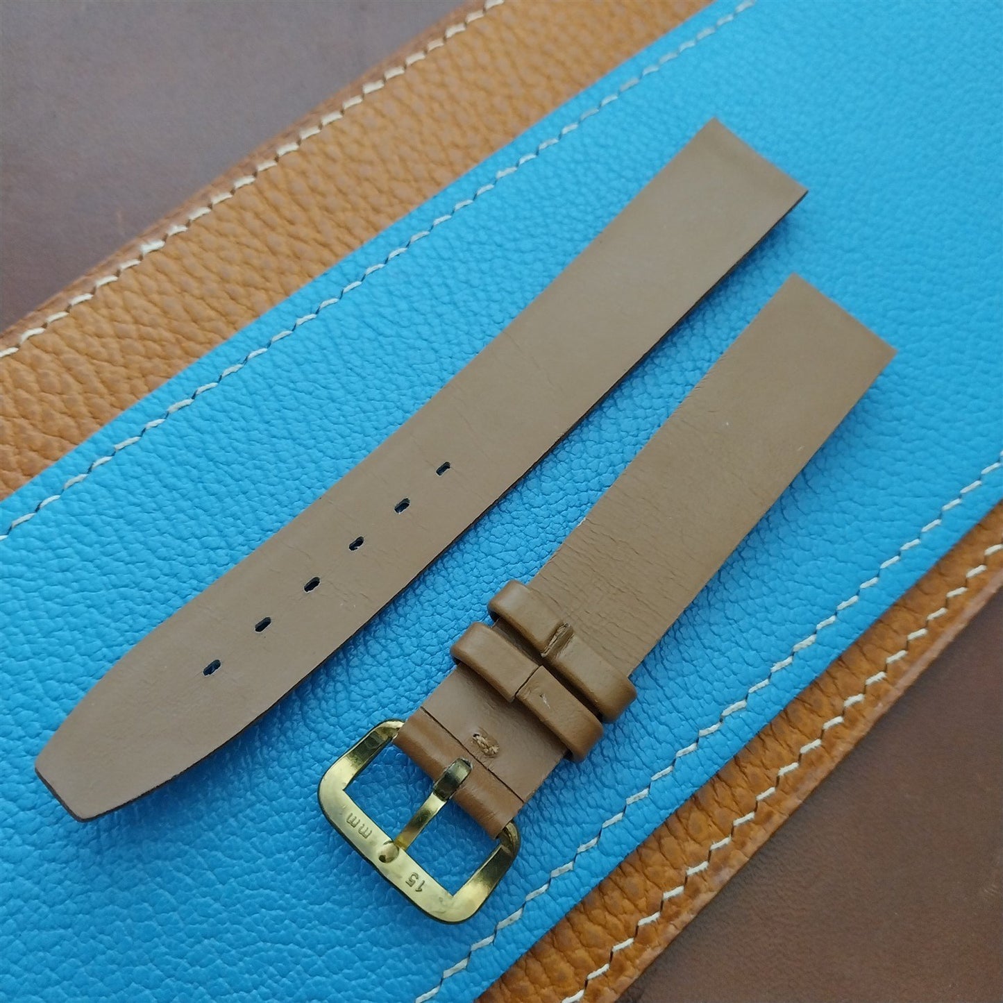 1960s 16mm Tan Leather Classic Tapered 2-Keeper Unused Vintage Watch Strap
