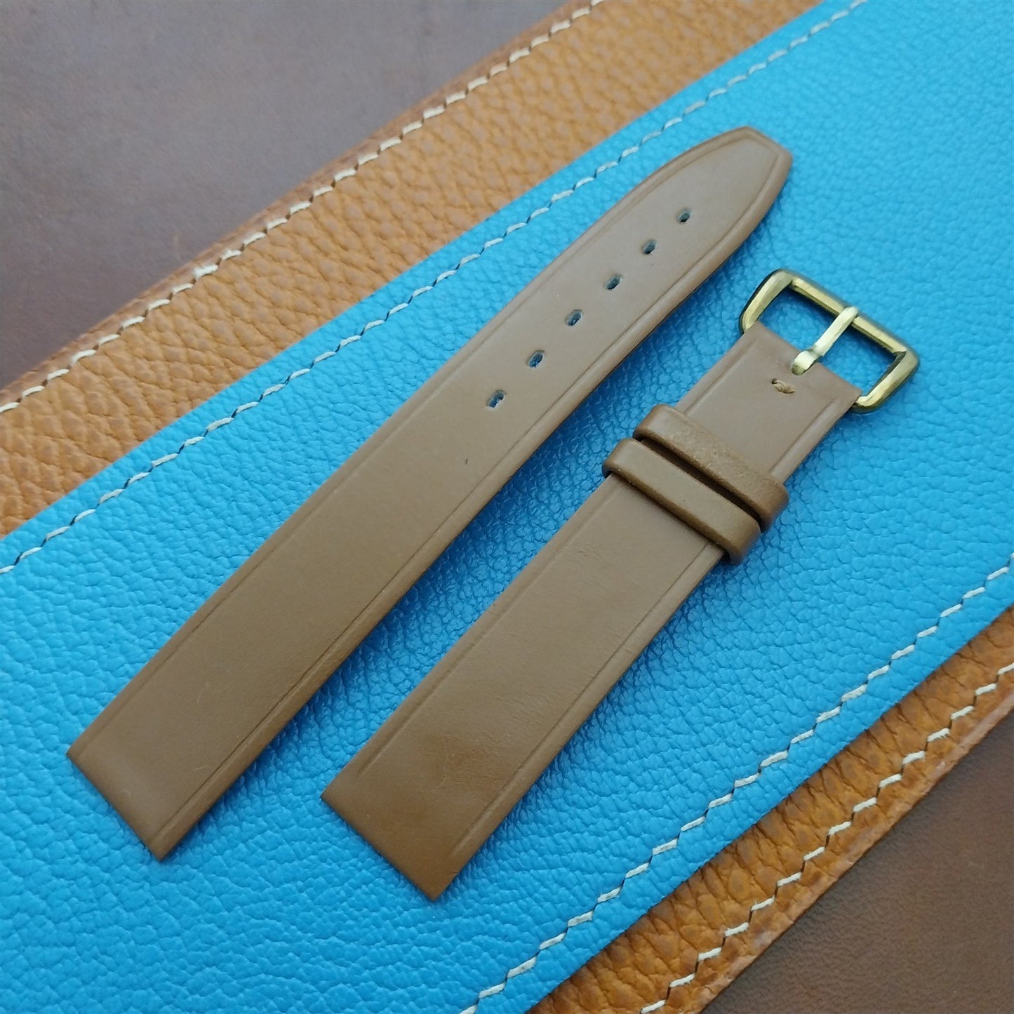 1960s 16mm Tan Leather Classic Tapered 2-Keeper Unused Vintage Watch Strap