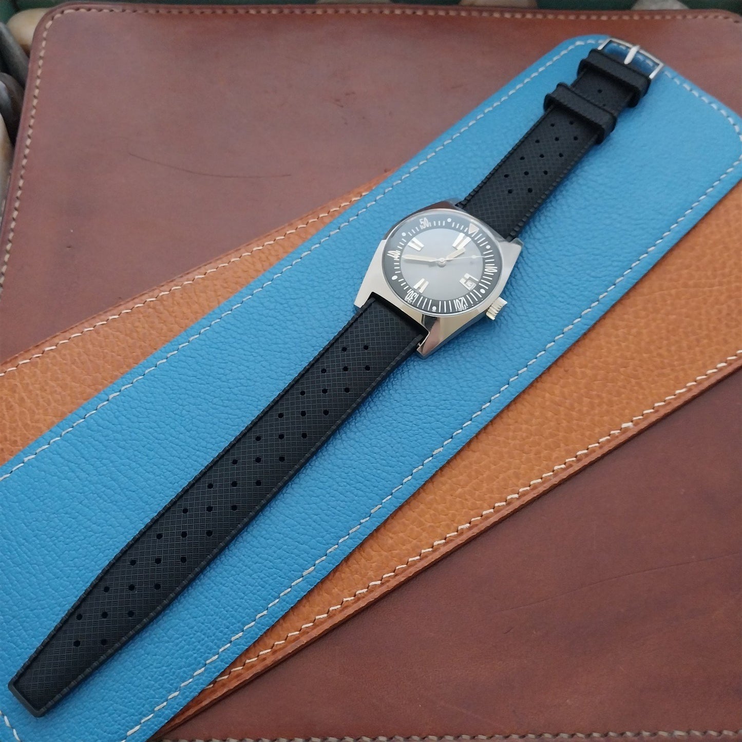 19mm FKM Rubber Black Tropical Vintage Style Diver Watch Strap