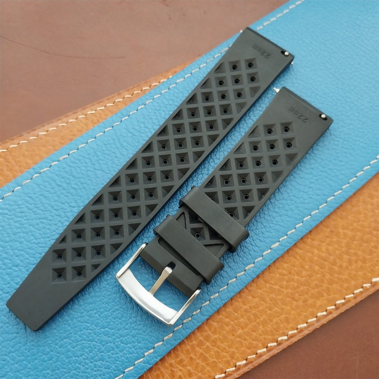 22mm FKM Rubber Black Tropical Vintage Style Diver Watch Strap