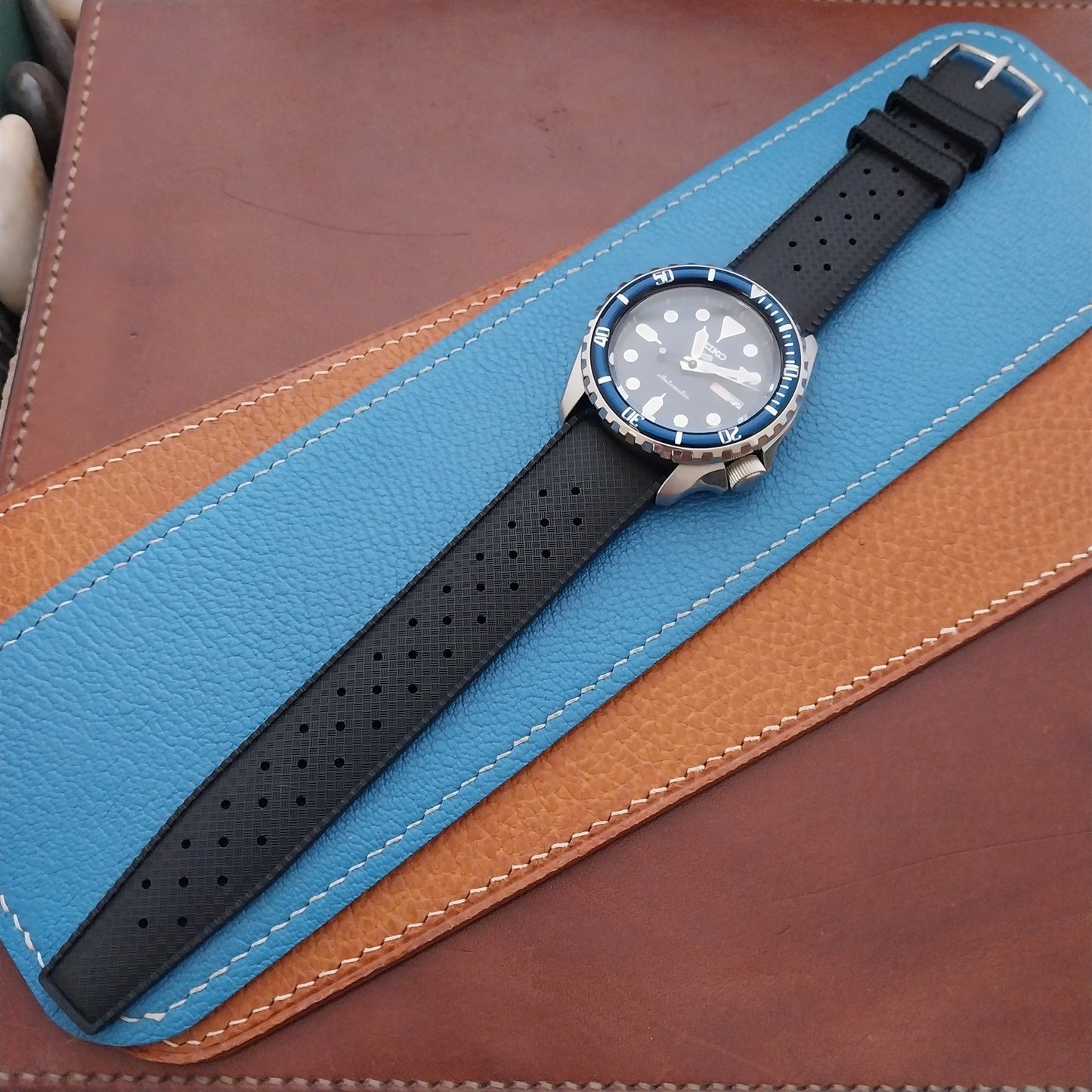 22mm FKM Rubber Black Tropical Vintage Style Diver Watch Strap