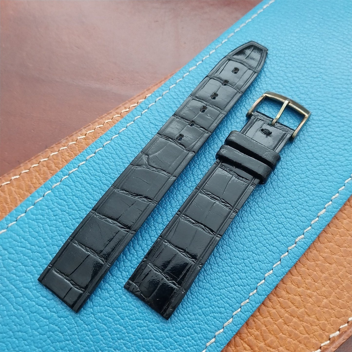 Vintage 16mm Alexander Black Thin Alligator-Grain Classic 1960s Watch Strap
