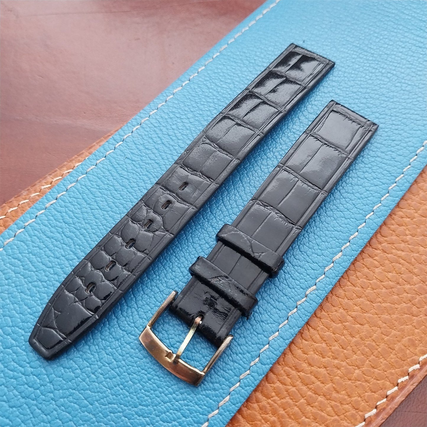 Vintage 16mm Alexander Black Thin Alligator-Grain Classic 1960s Watch Strap
