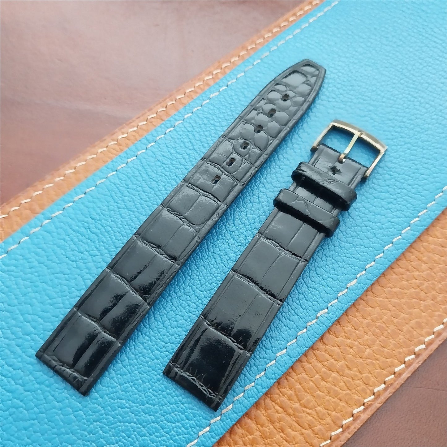 Vintage 16mm Alexander Black Thin Alligator-Grain Classic 1960s Watch Strap