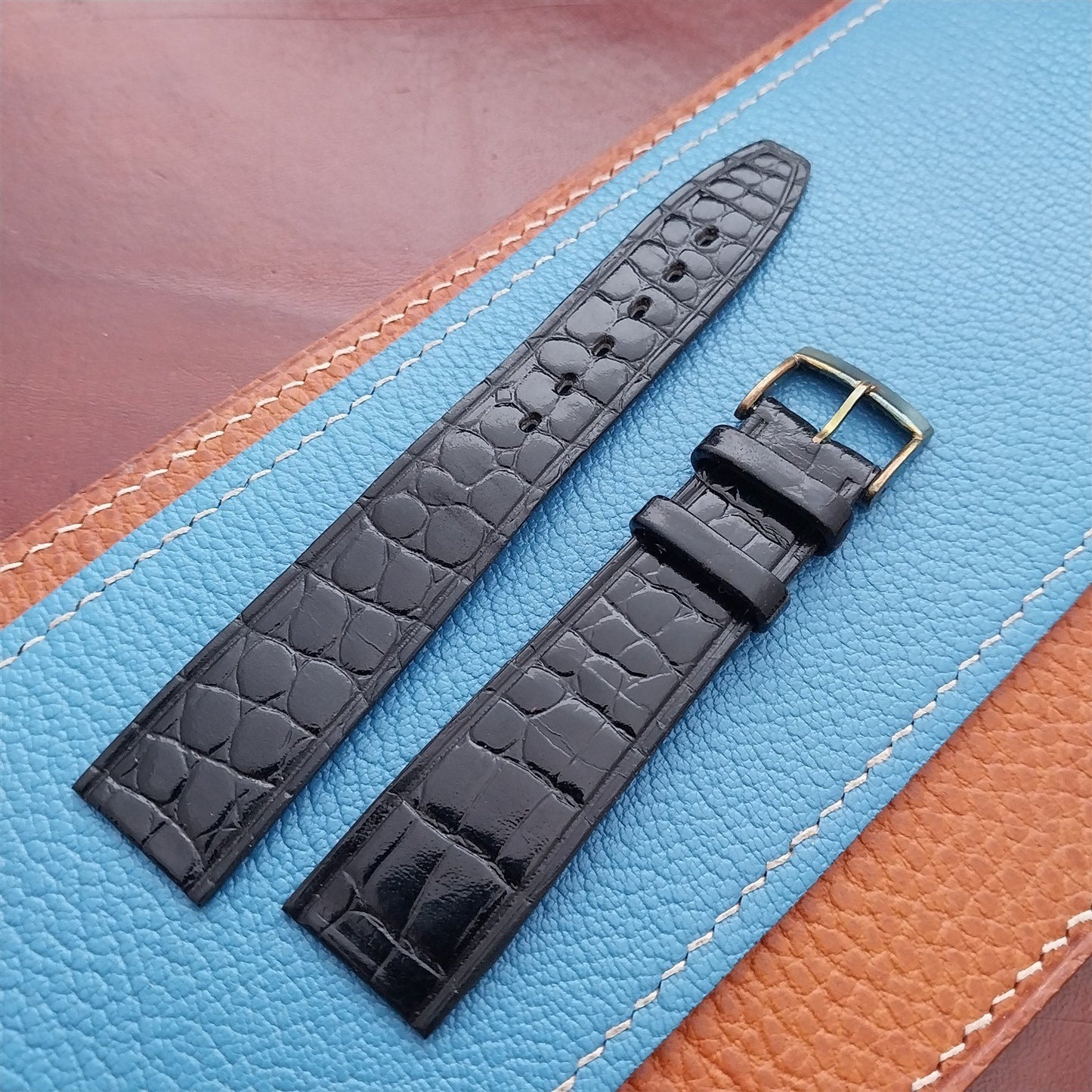 Vintage 18mm Alexander Black Thin Alligator-Grain Classic 1960s Watch Strap
