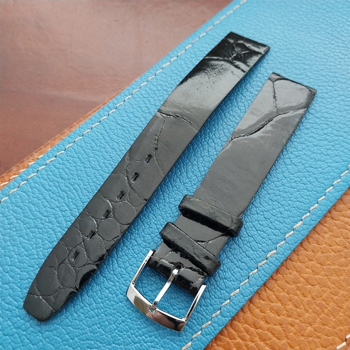 Vintage 16mm Alexander Black Thin Alligator Unused Classic 1960s Watch Strap