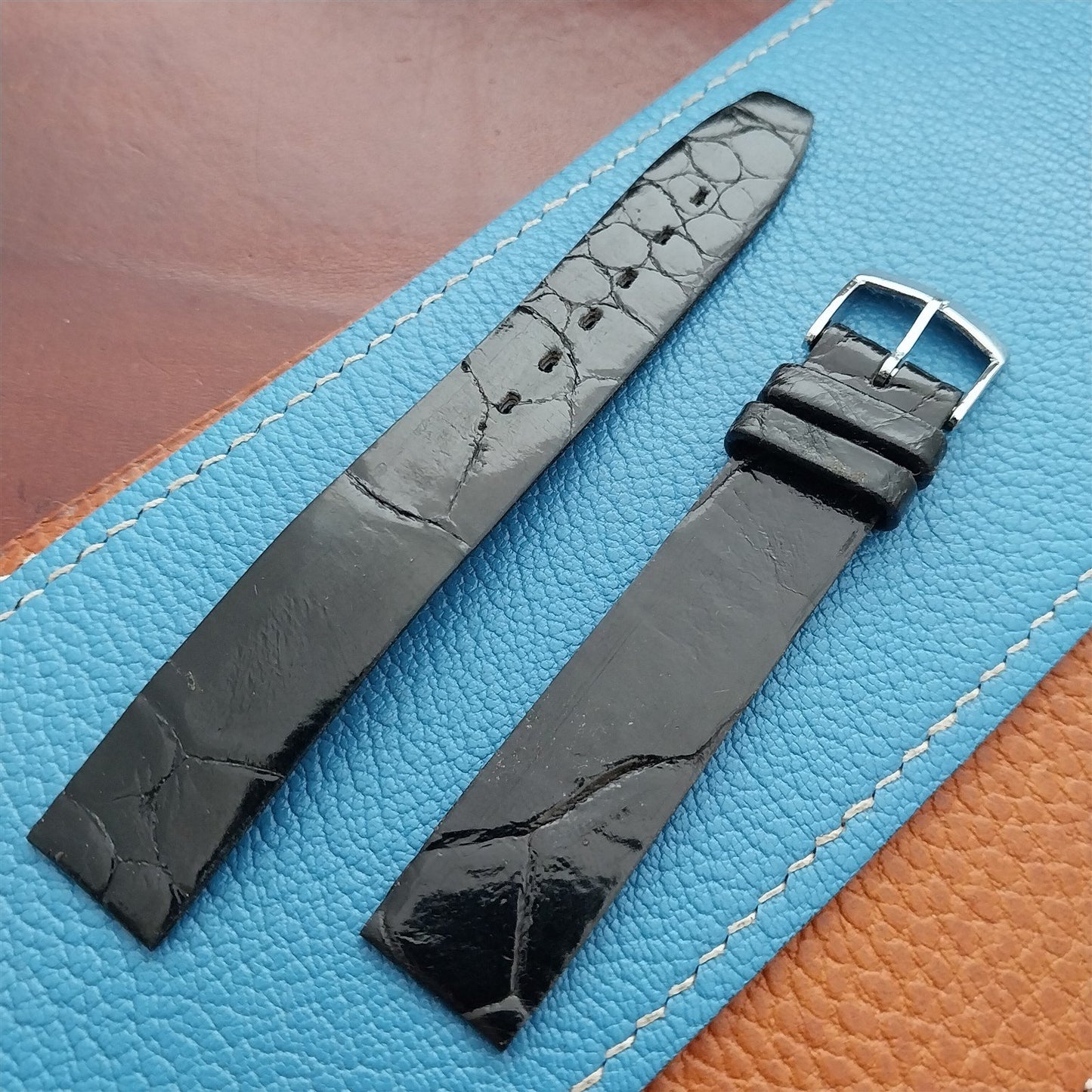 Vintage 16mm Alexander Black Thin Alligator Unused Classic 1960s Watch Strap