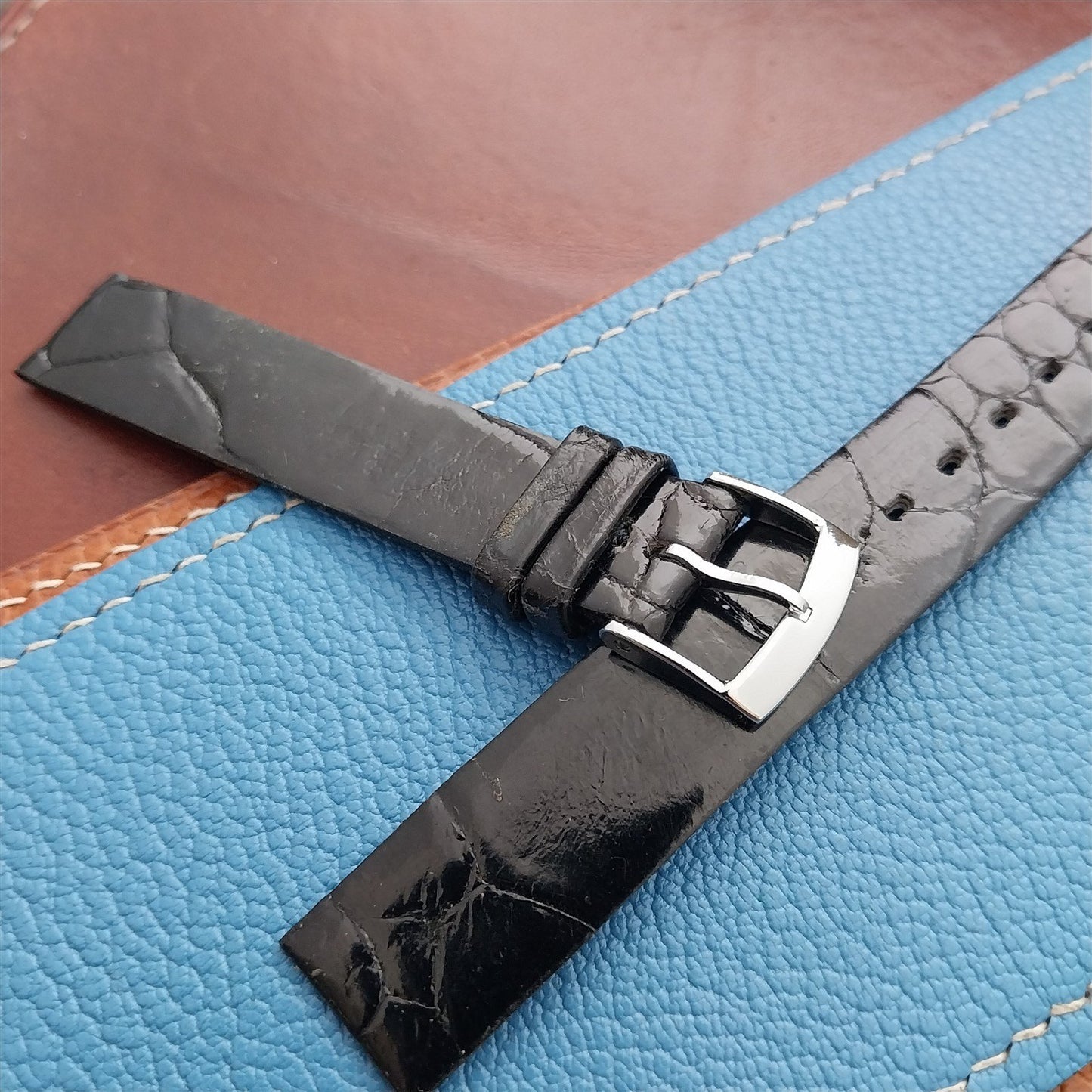 Vintage 16mm Alexander Black Thin Alligator Unused Classic 1960s Watch Strap