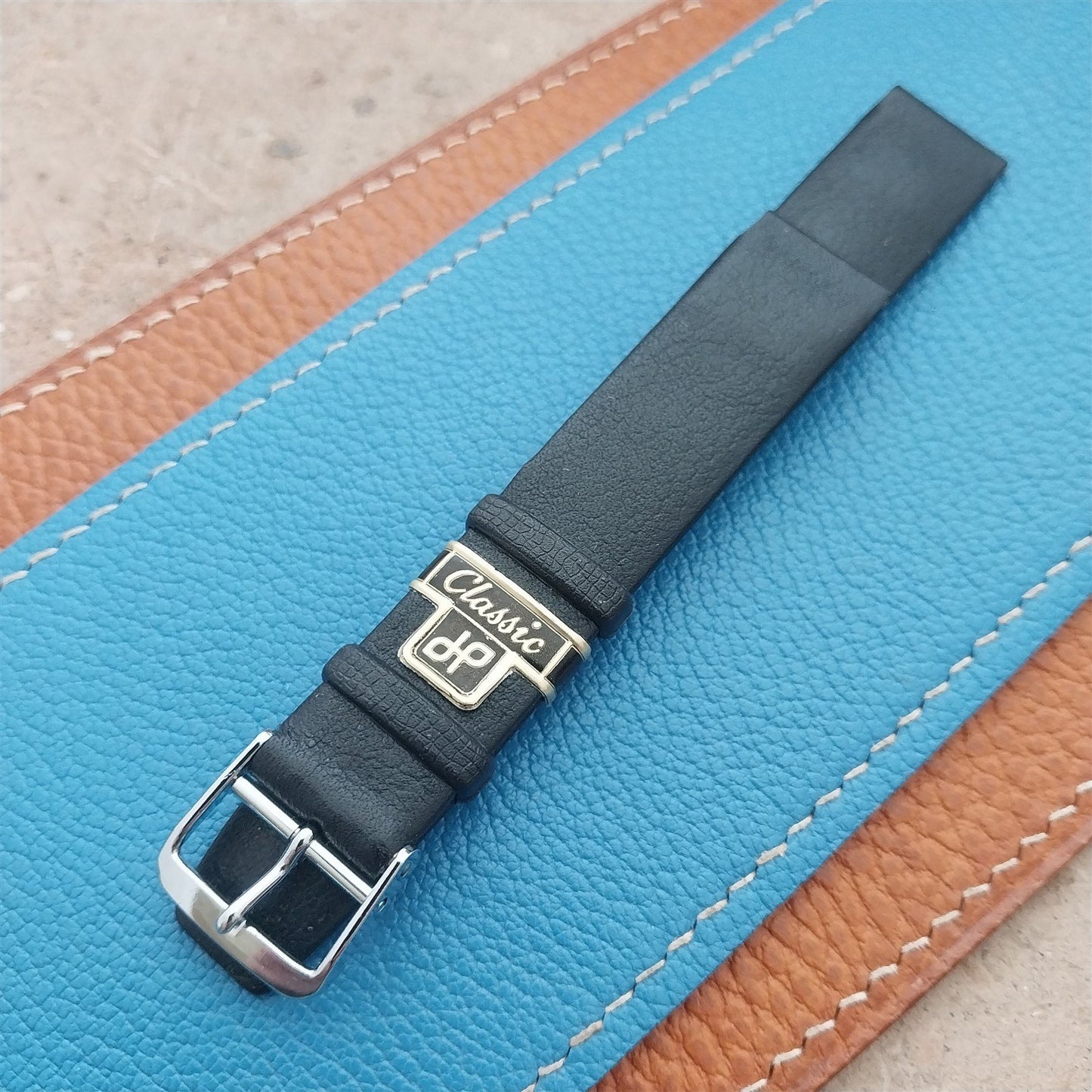 1960s 16mm Black Faux Leather Classic Tapered Unused Vintage Watch Strap