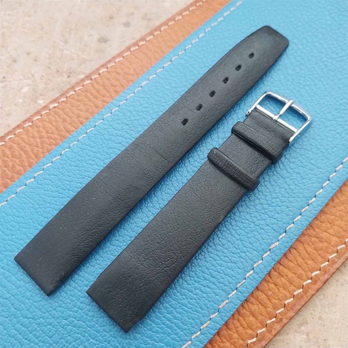 1960s 16mm Black Faux Leather Classic Tapered Unused Vintage Watch Strap