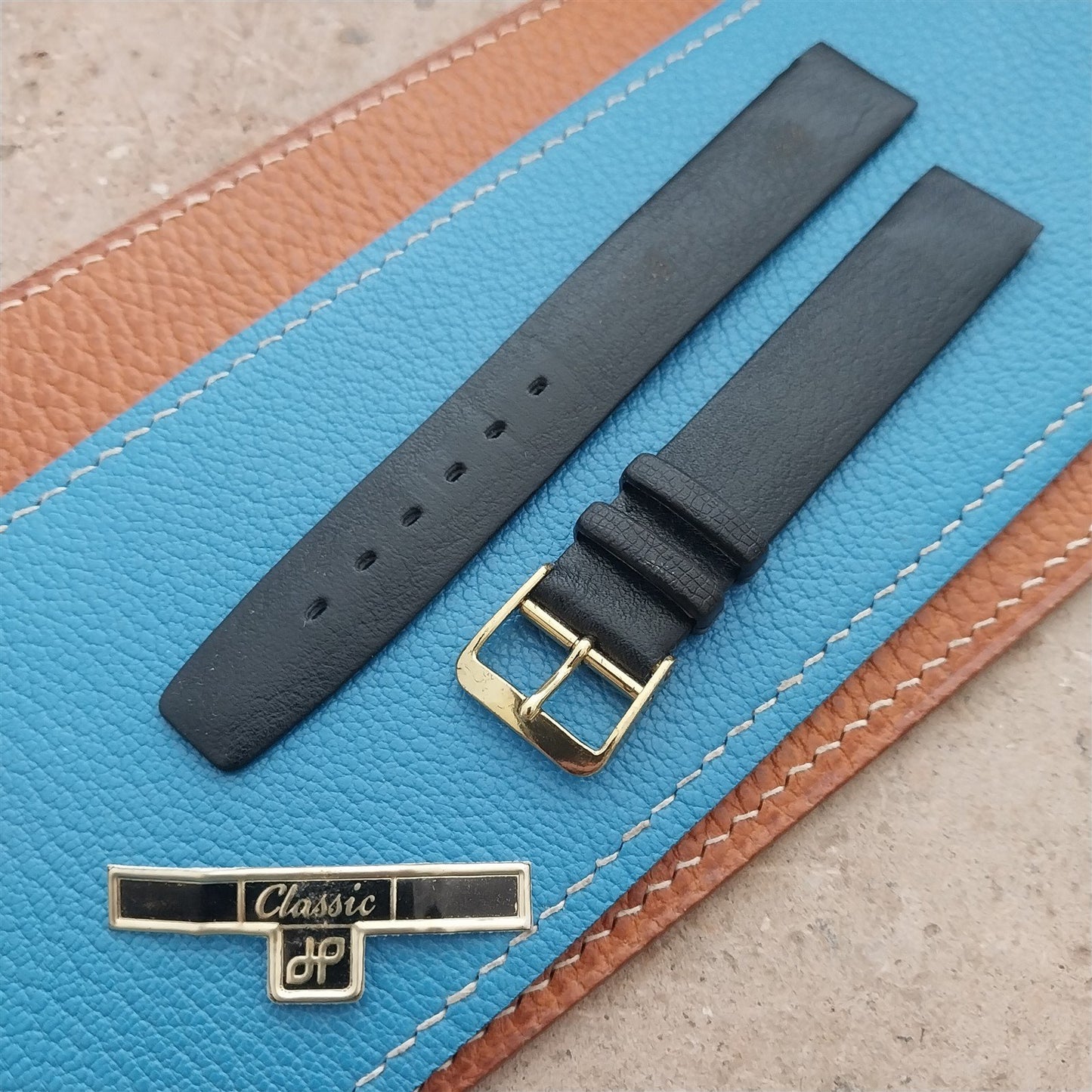 1960s 16mm Black Faux Leather Classic Tapered Unused Vintage Watch Strap