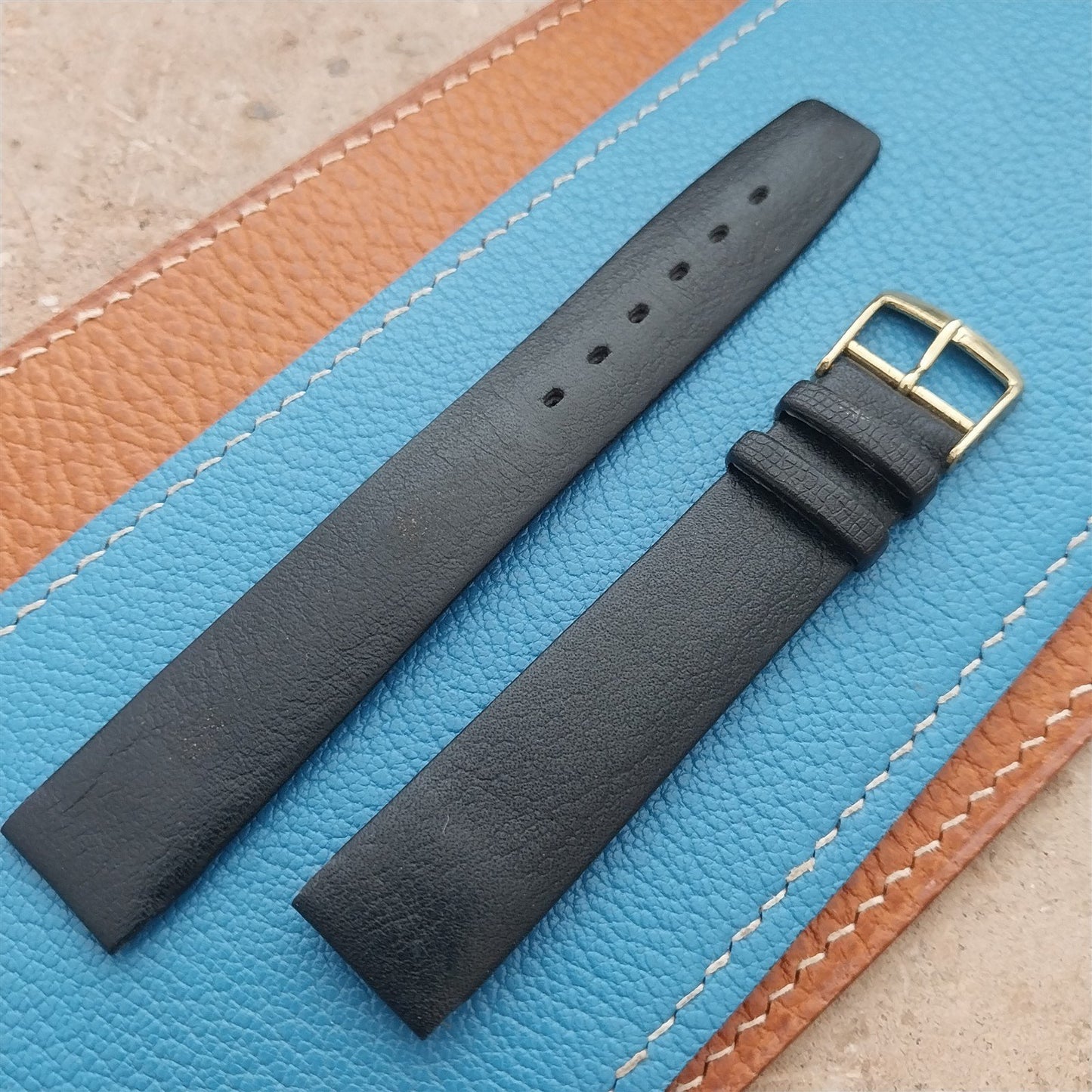 1960s 16mm Black Faux Leather Classic Tapered Unused Vintage Watch Strap