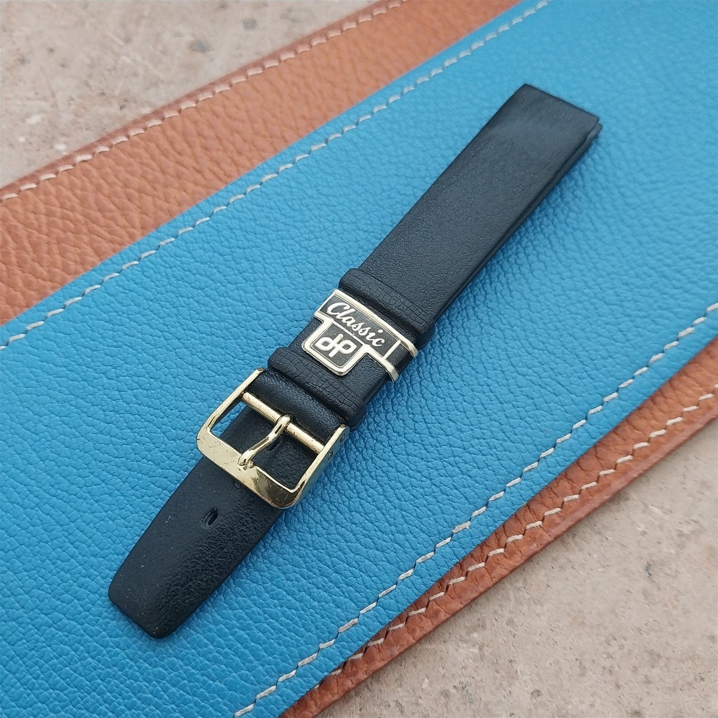1960s 16mm Black Faux Leather Classic Tapered Unused Vintage Watch Strap