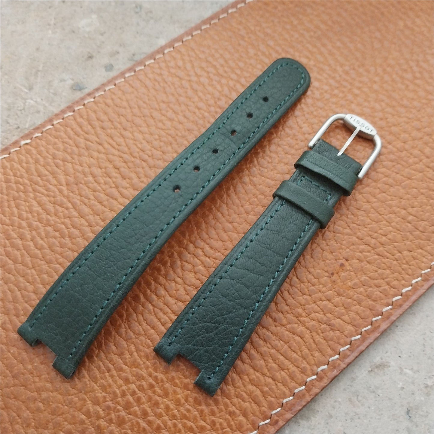 Tissot Rock Watch nos Unused Vintage Green Leather Watch Strap & Logo Buckle