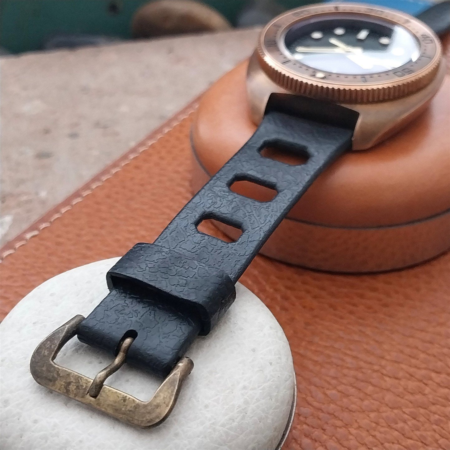Vintage 20mm Classic Skindiver Black Unused Aqua GS Watch Strap & Brass Buckle
