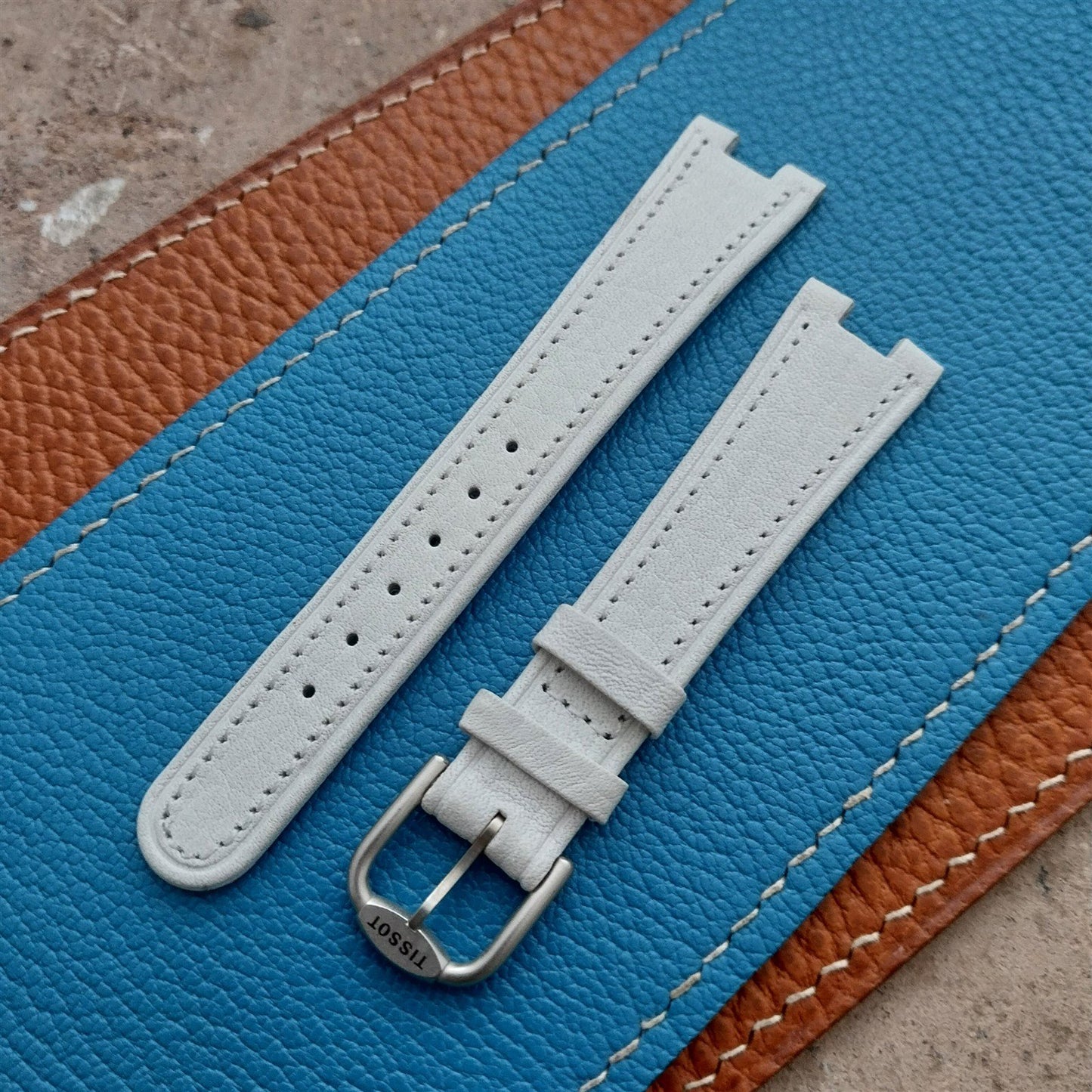 Tissot Rock Watch nos Unused Vintage White Leather Watch Strap & Logo Buckle