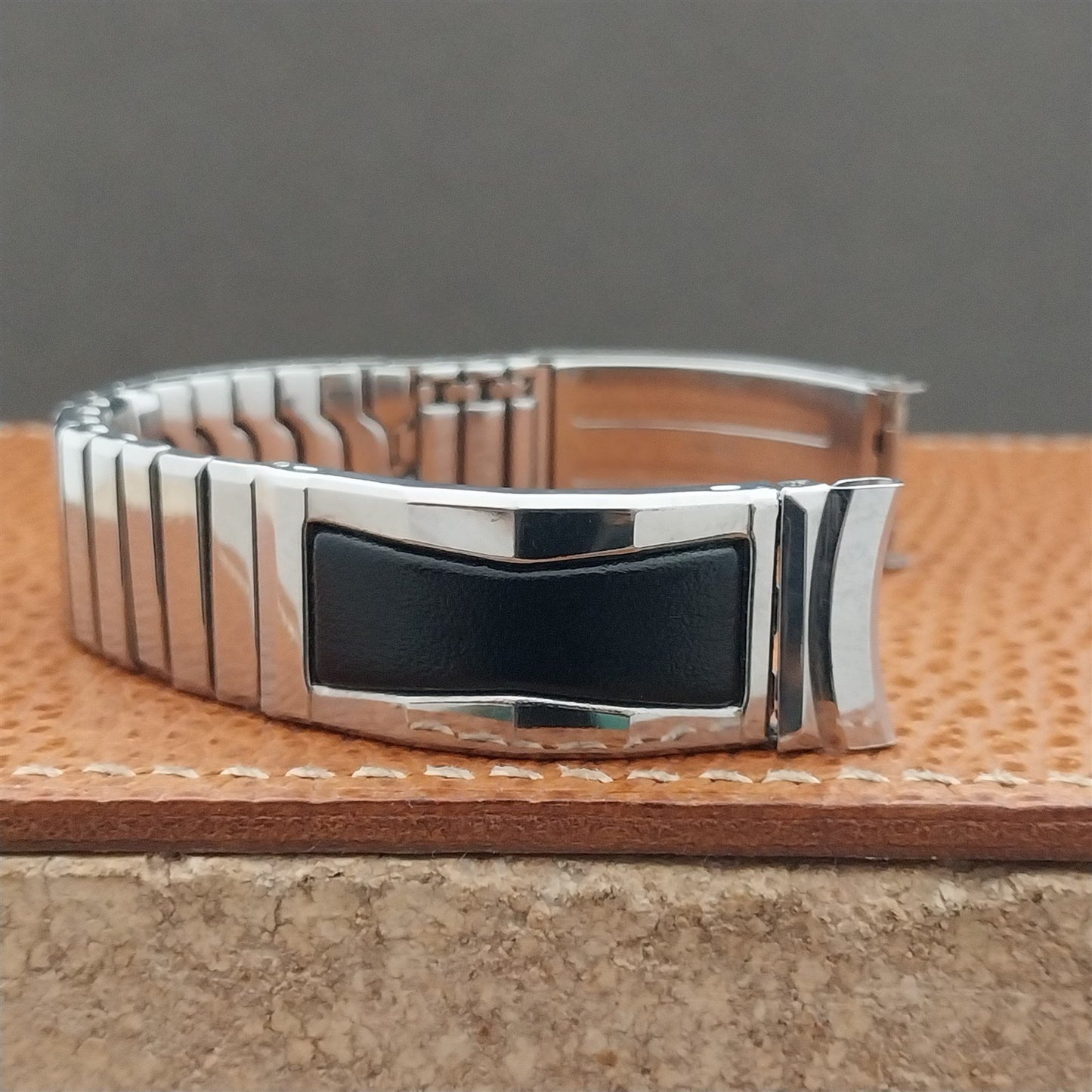 Gemex Baron 5/8" Stainless Steel & Black Unused 1950s Vintage Watch Band