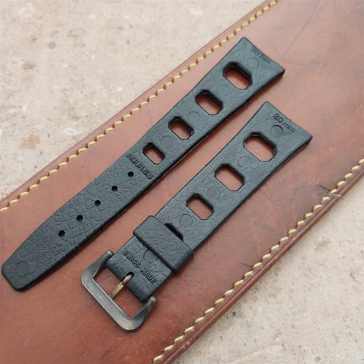 Vintage 20mm Classic Skindiver Black Unused Aqua GS Watch Strap & Brass Buckle