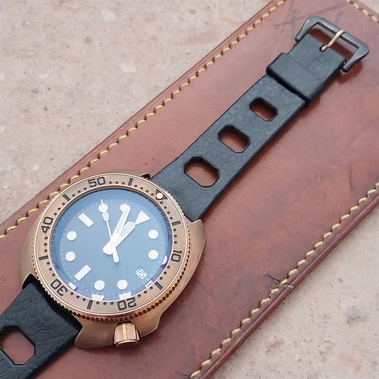 Vintage 20mm Classic Skindiver Black Unused Aqua GS Watch Strap & Brass Buckle