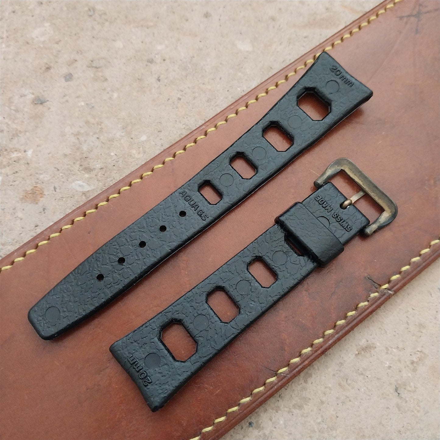 Vintage 20mm Classic Skindiver Black Unused Aqua GS Watch Strap & Brass Buckle