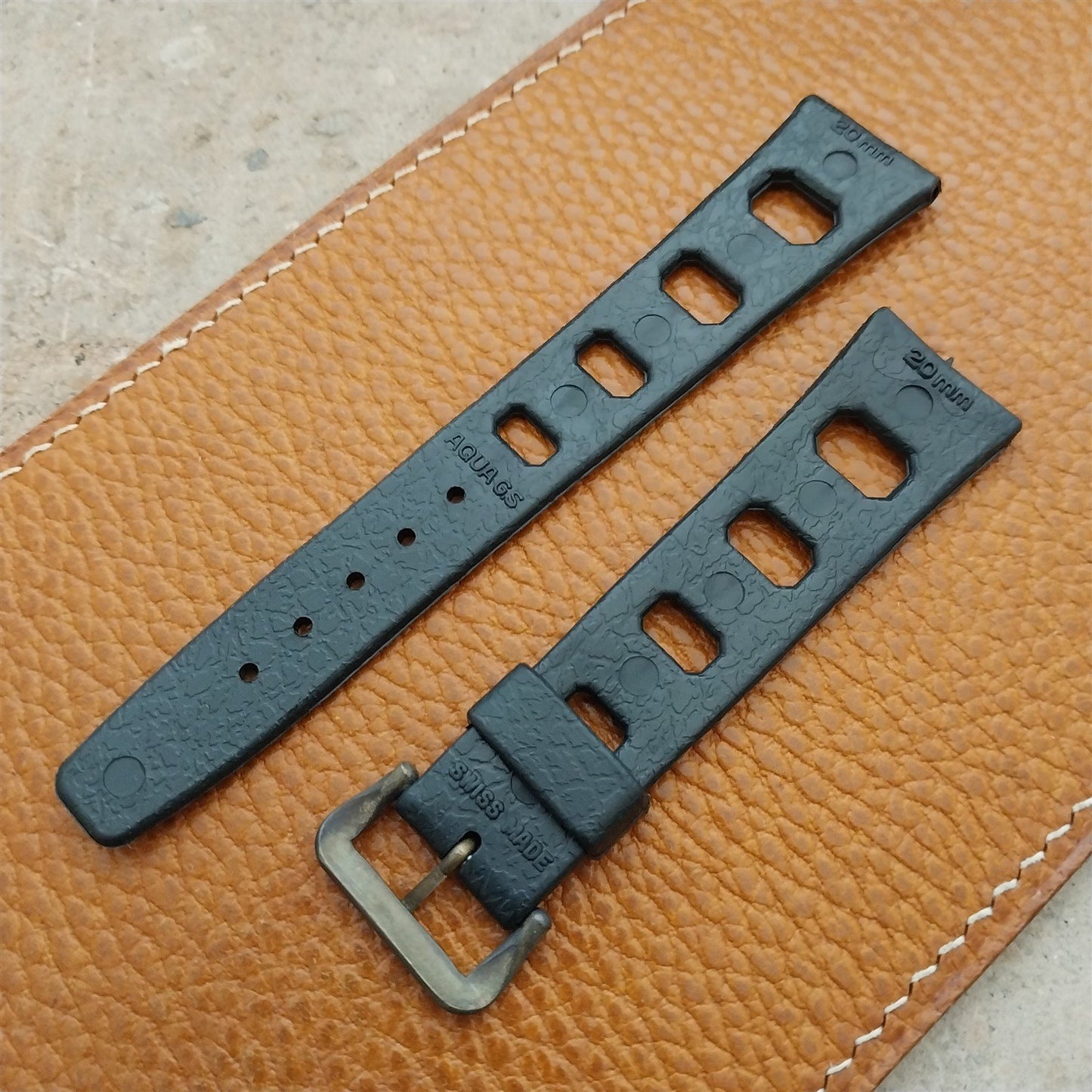 Vintage 20mm Classic Skindiver Black Unused Aqua GS Watch Strap & Brass Buckle
