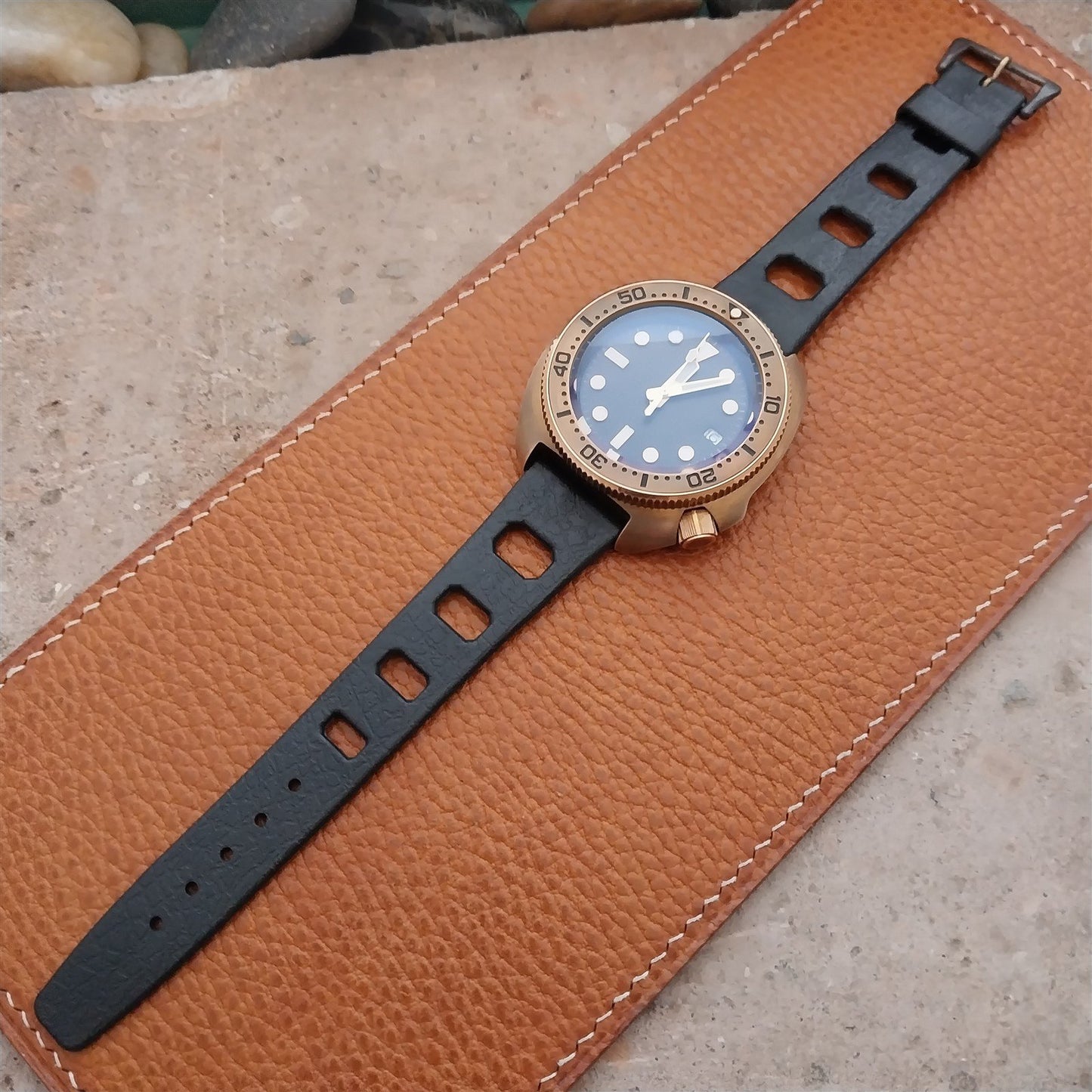 Vintage 20mm Classic Skindiver Black Unused Aqua GS Watch Strap & Brass Buckle