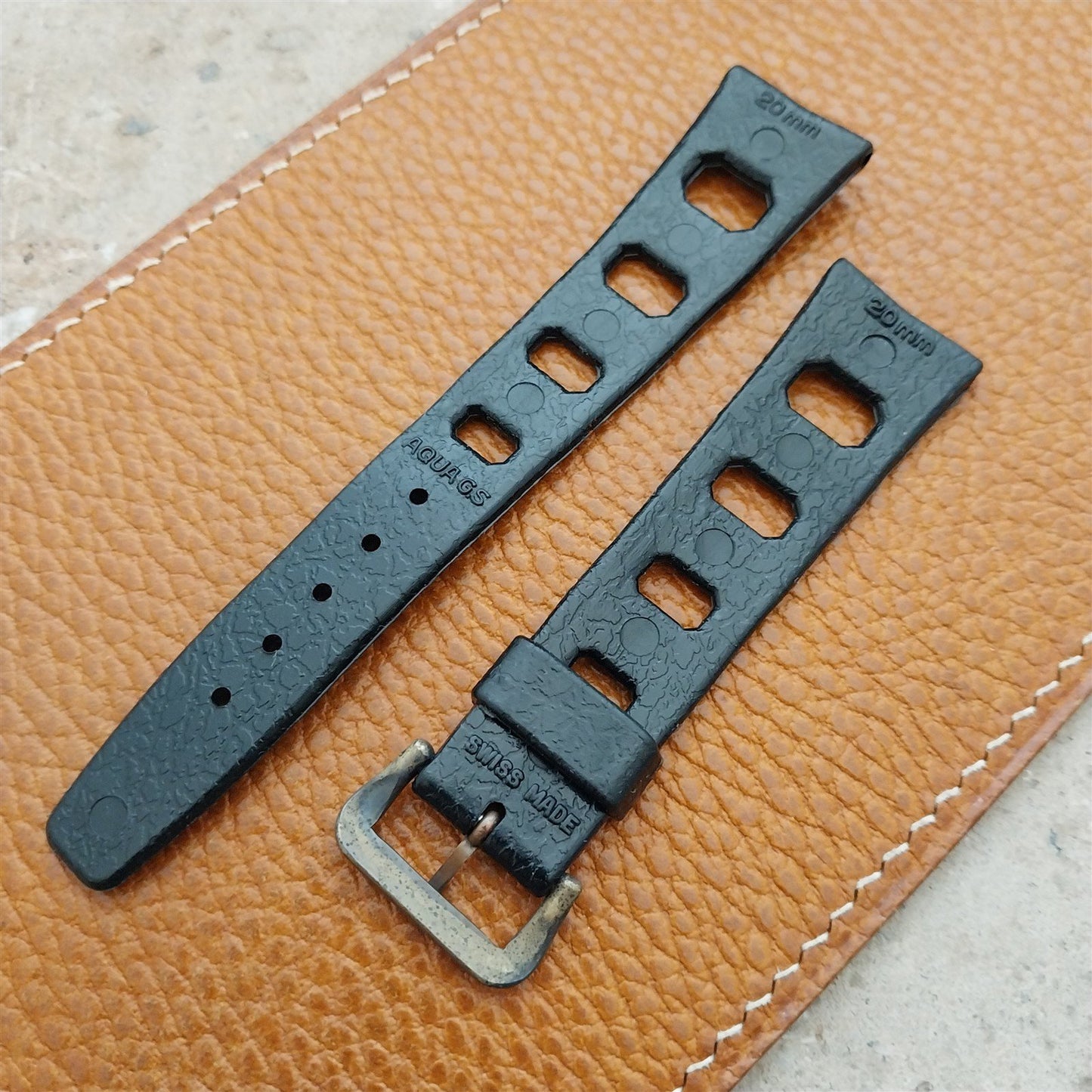 Vintage 20mm Classic Skindiver Black Unused Aqua GS Watch Strap & Brass Buckle