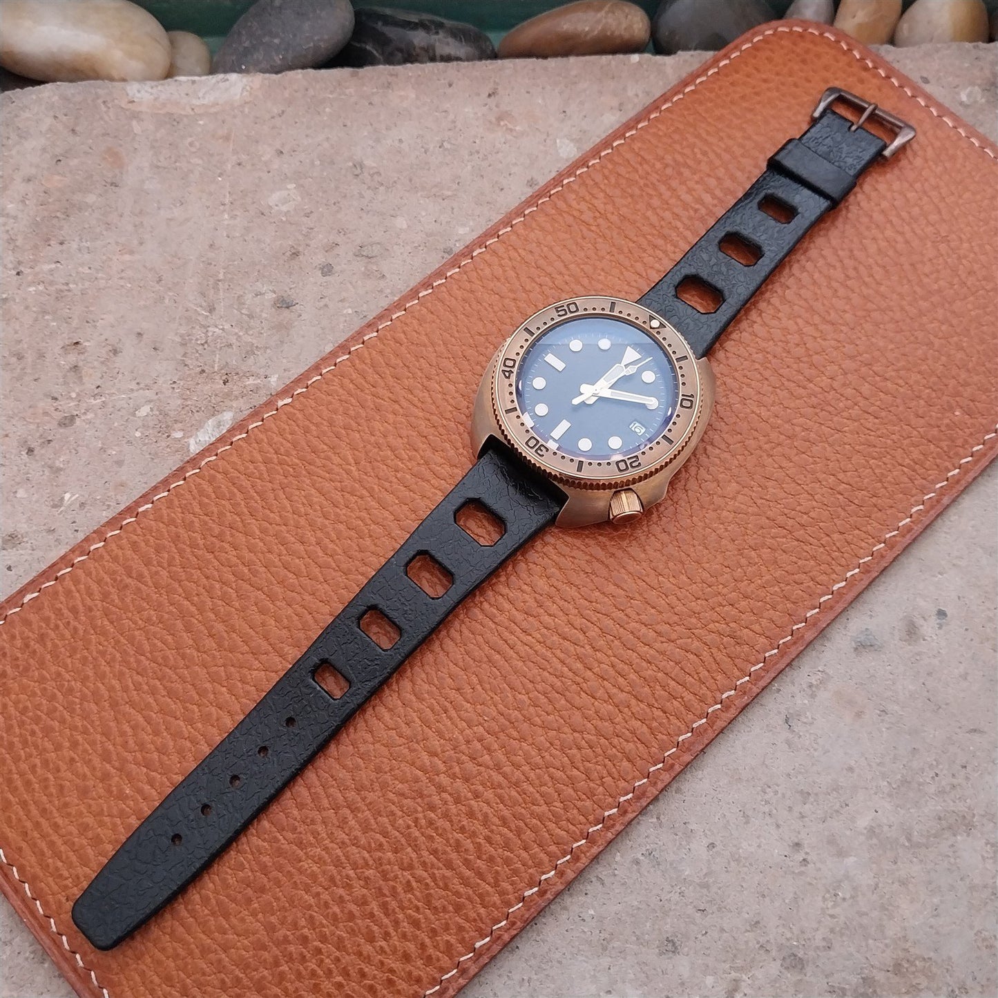 Vintage 20mm Classic Skindiver Black Unused Aqua GS Watch Strap & Brass Buckle