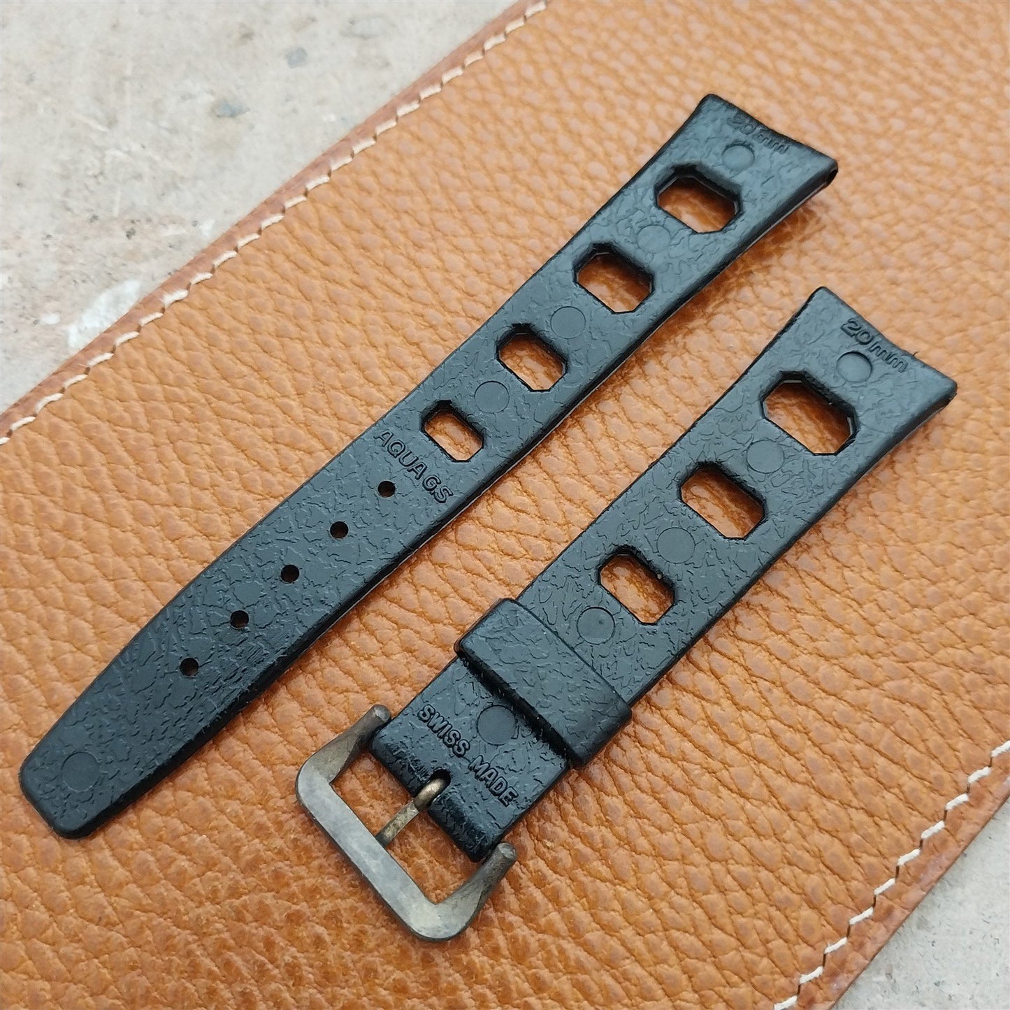 Vintage 20mm Classic Skindiver Black Unused Aqua GS Watch Strap & Brass Buckle