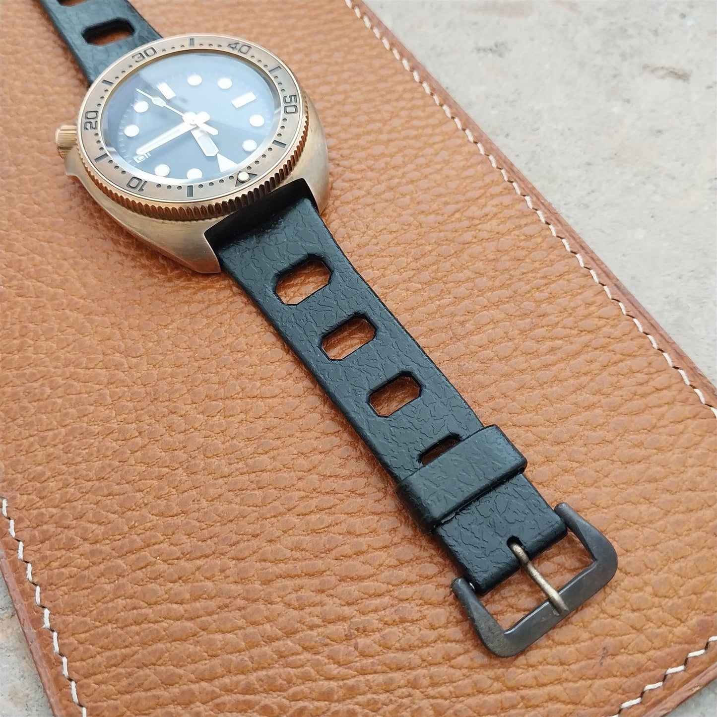 Vintage 20mm Classic Skindiver Black Unused Aqua GS Watch Strap & Brass Buckle