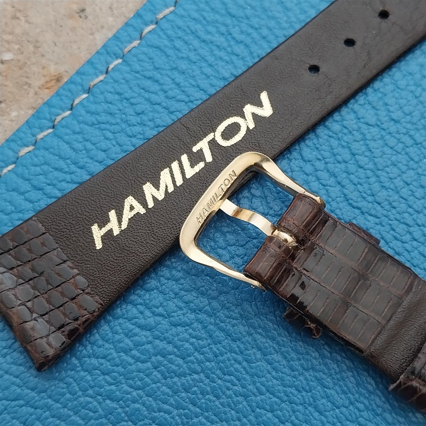 19mm Hamilton Lizard NOS Unused Vintage Watch Strap & Gold Logo Buckle